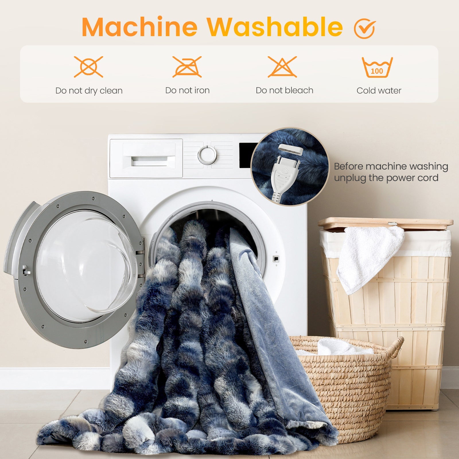 Bubble faux fur electric blanket in Tie-dye Blue placed in washing machine, highlighting machine washable design with detachable controller #color_Tie-dye Blue