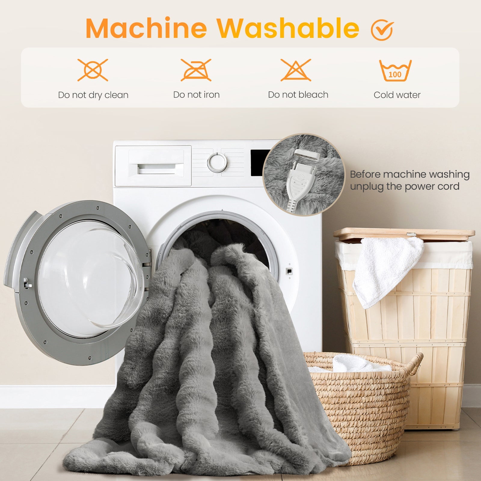Bubble faux fur electric blanket in Light Grey placed in washing machine, highlighting machine washable design with detachable controller #color_Light Grey