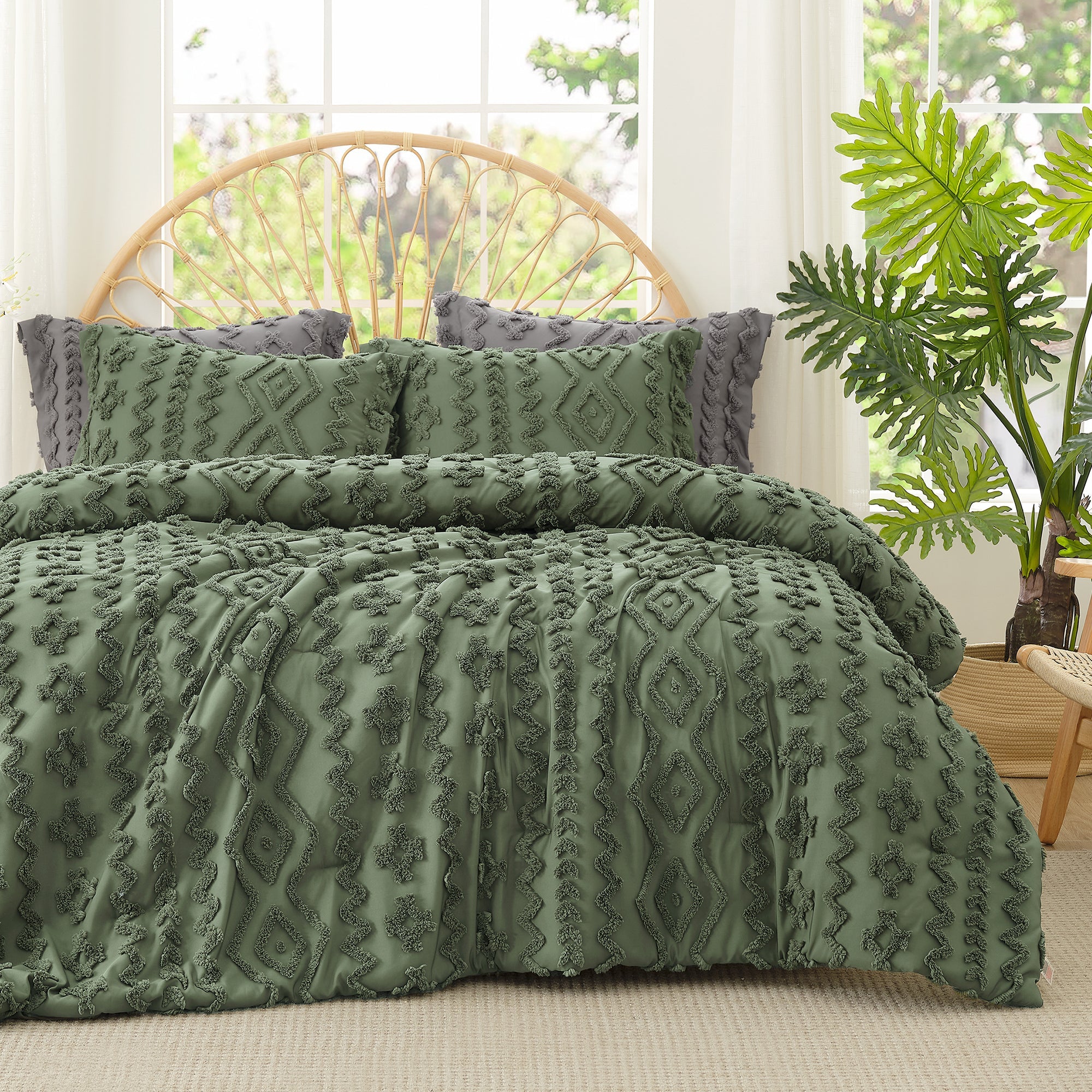 Snuggle Sac All-Season Boho Deluxe Embroidery Comforter Set on bed with plants and window#color_Oliver Green