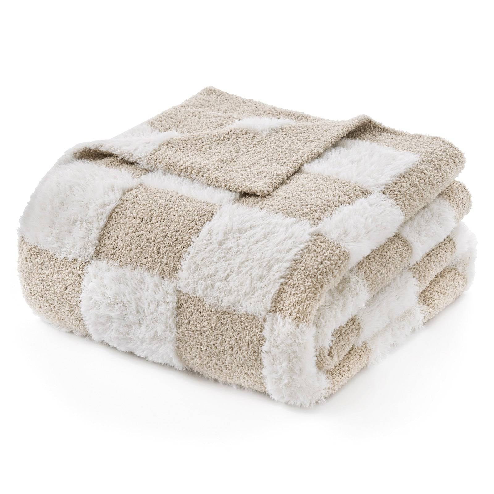 Folded UltraCozy Checkered Feather Yarn Knit Throw Blanket#Color_Beige White