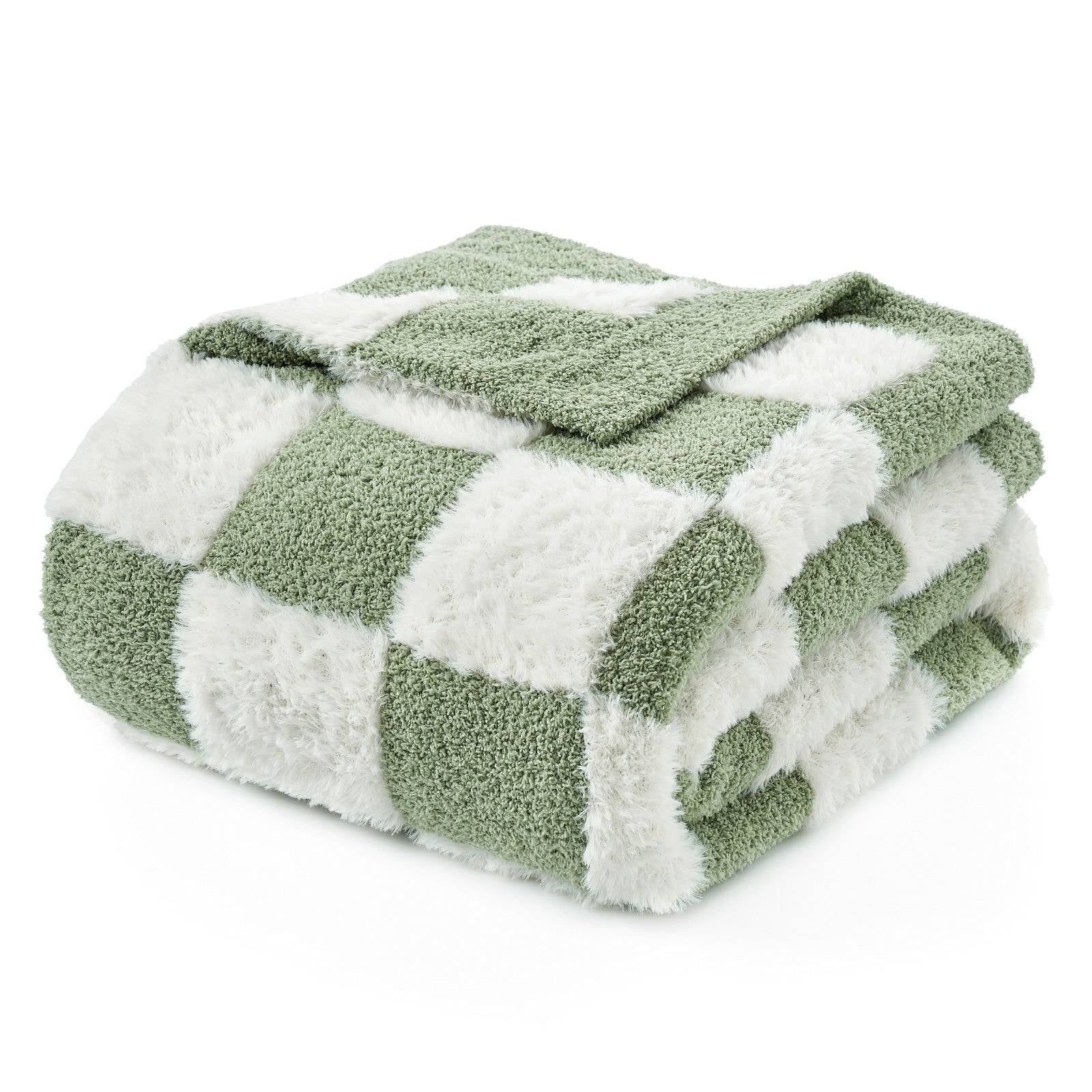 Folded UltraCozy Checkered Feather Yarn Knit Throw Blanket#Color_Sage Green White