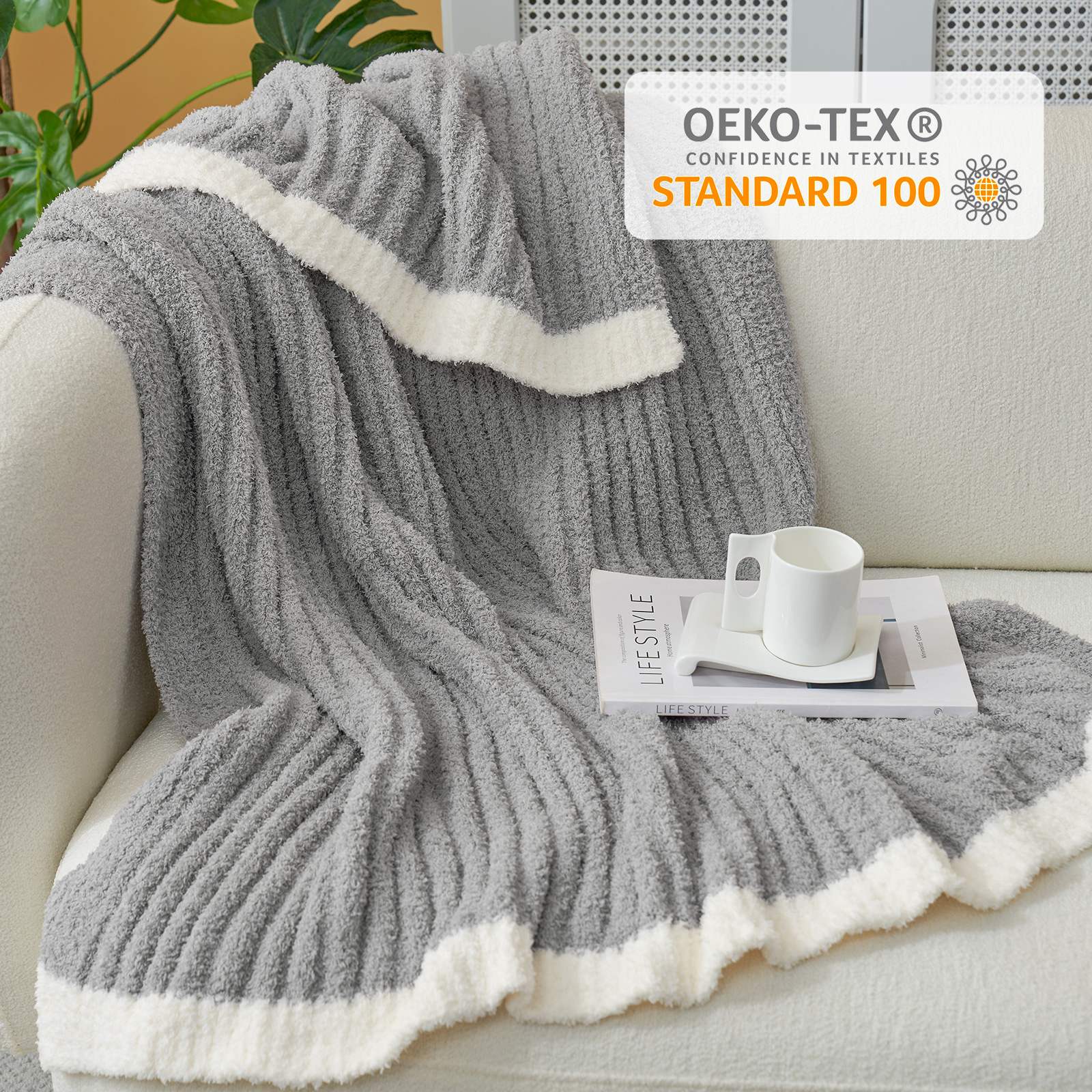Snuggle Sac UltraSoft Ribbed Feather Yarn Knit Throw Blanket with OEKO-TEX Certificate#Color_Grey