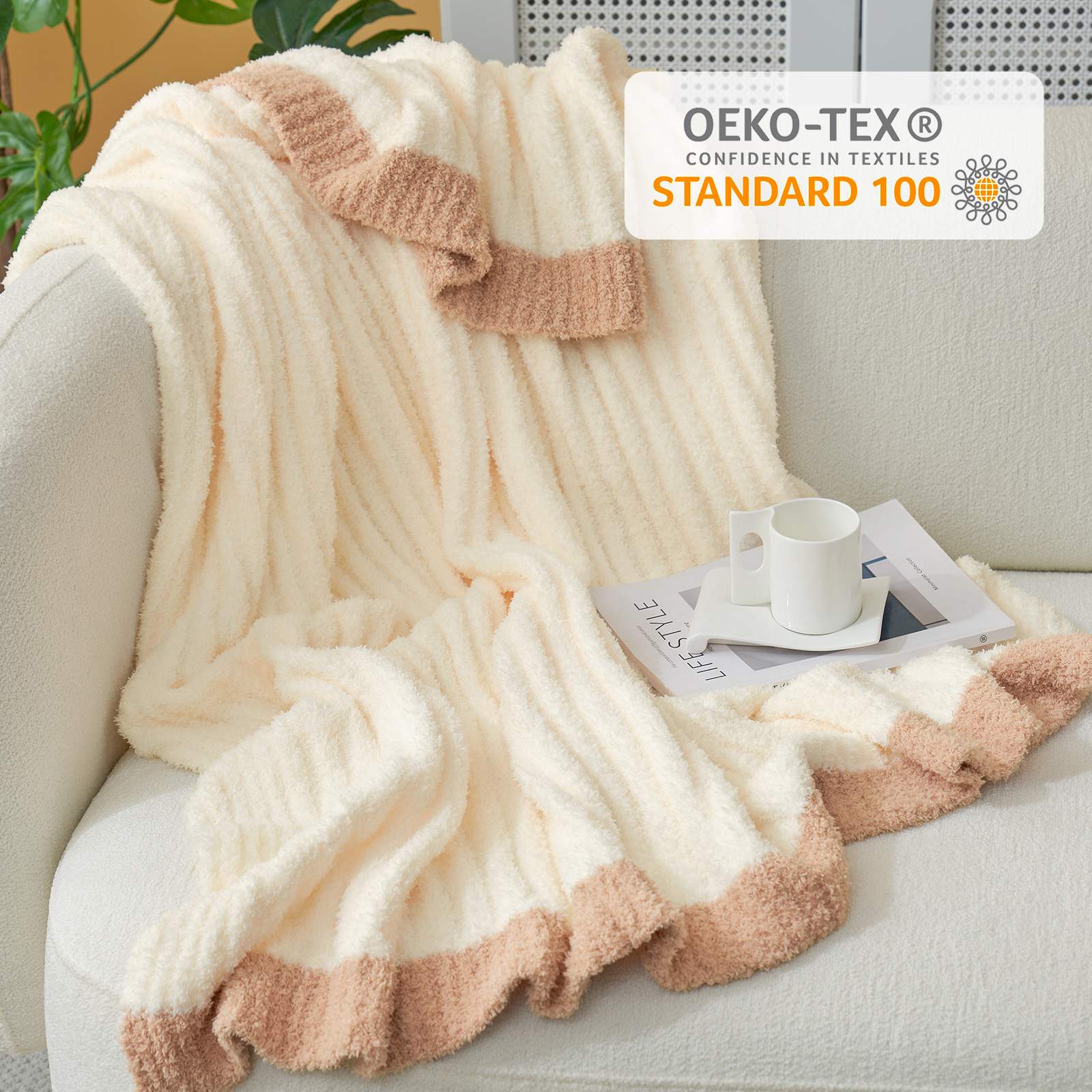 Snuggle Sac UltraSoft Ribbed Feather Yarn Knit Throw Blanket with OEKO-TEX Certificate#Color_Cream