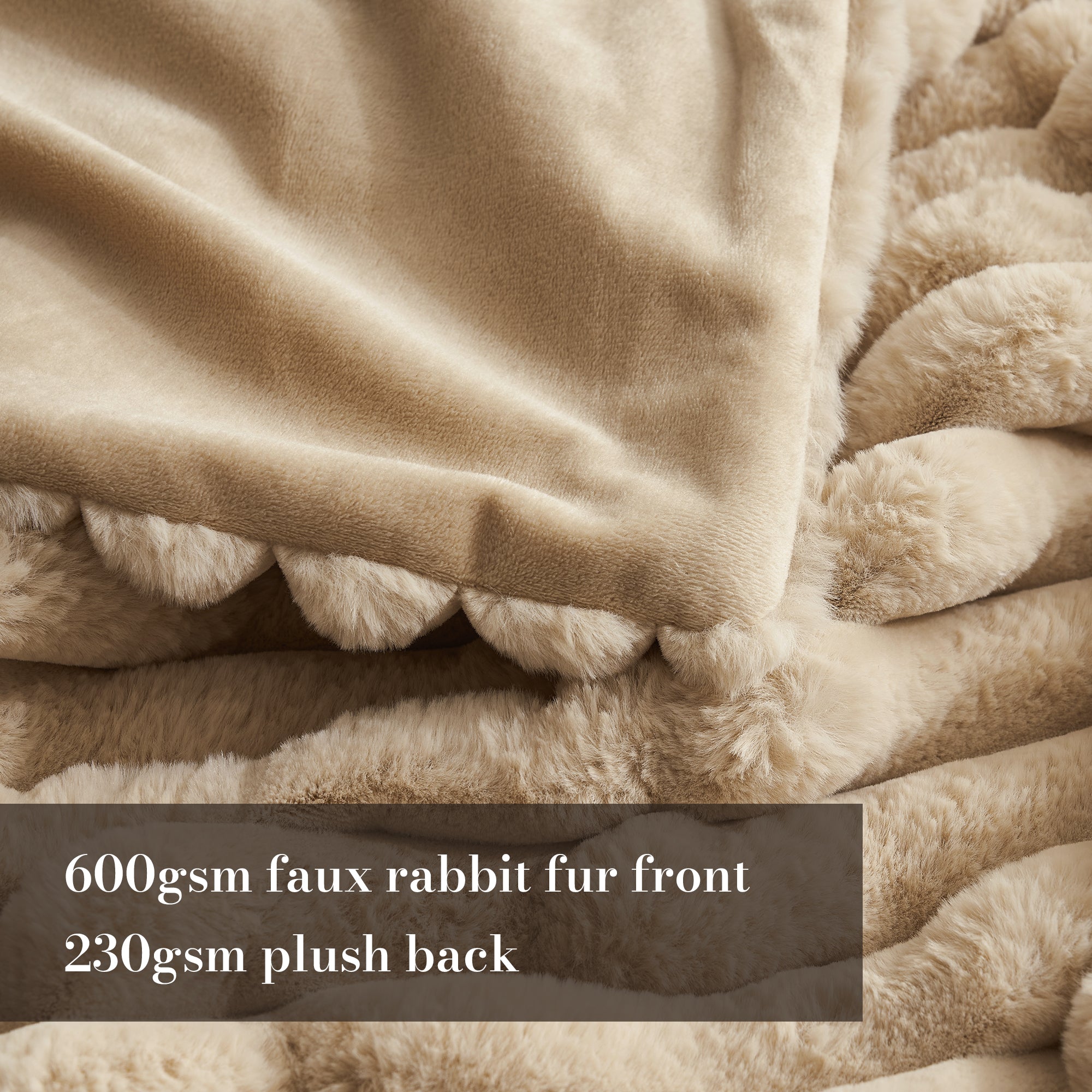 Close up of striped faux fur throw blanket in Beige, showcasing 600gsm faux rabbit fur front and 230gsm plush backing #color_Beige