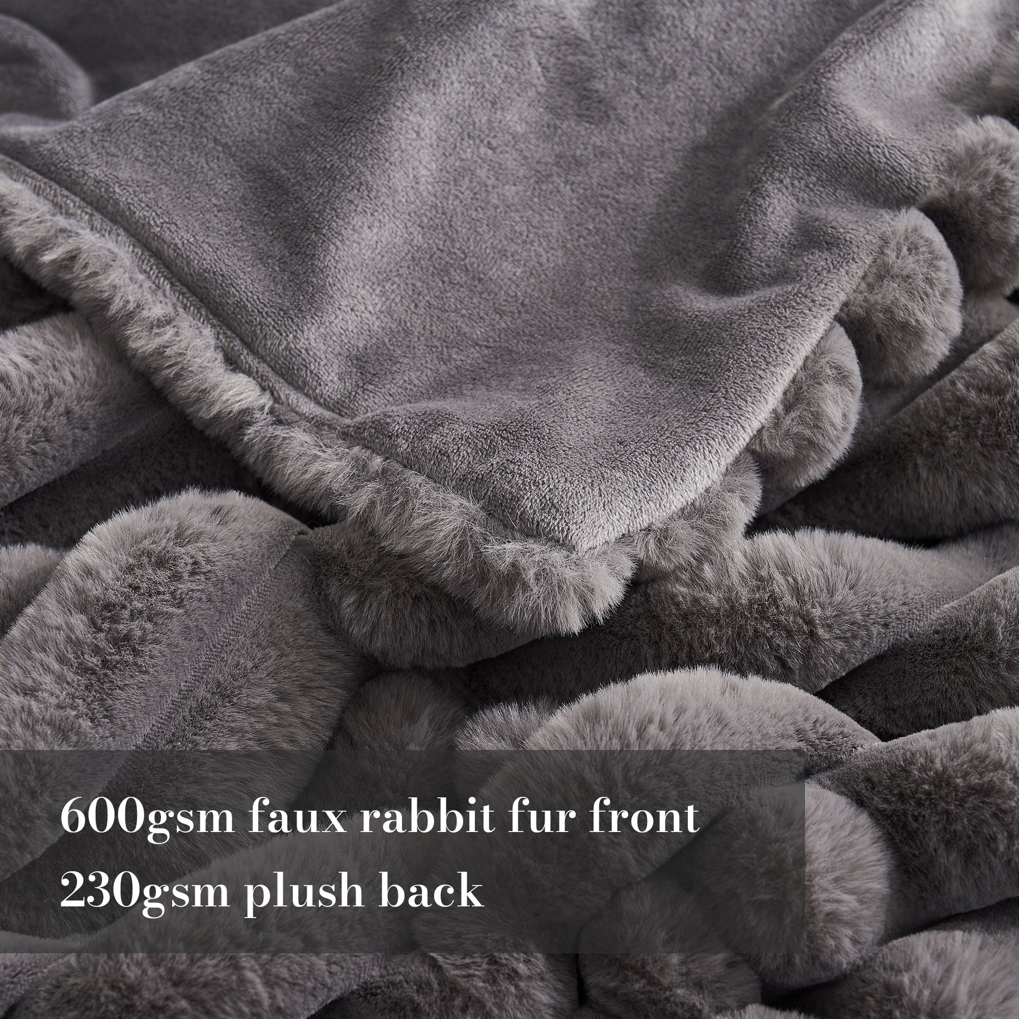 Close up of striped faux fur throw blanket in charcoal grey, showcasing 600gsm faux rabbit fur front and 230gsm plush backing #color_Charcoal Grey