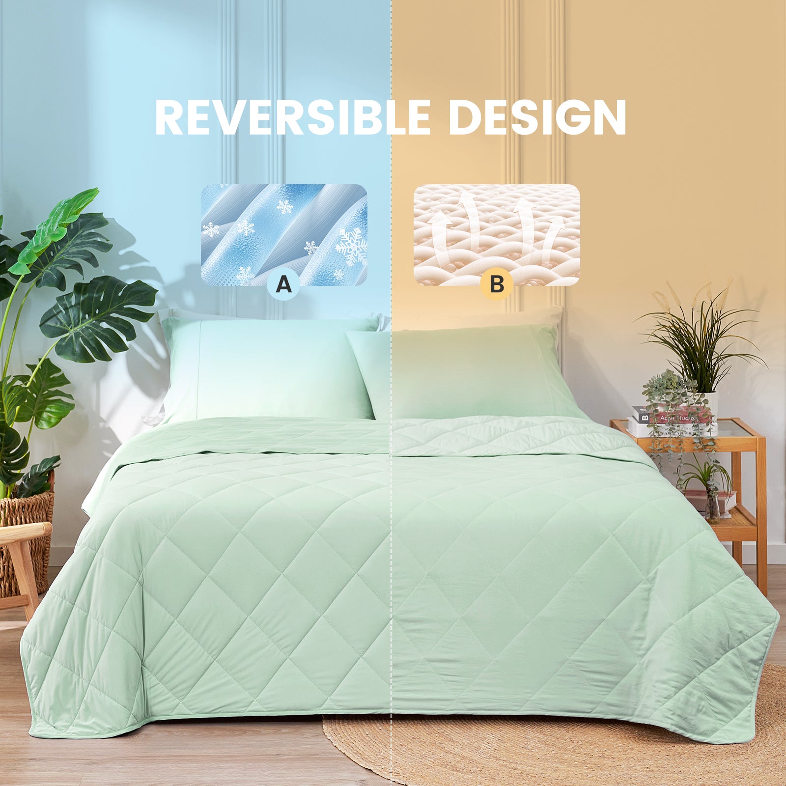 Snuggle Sac Green cooling comforter with reversible design.#color_Mint Green