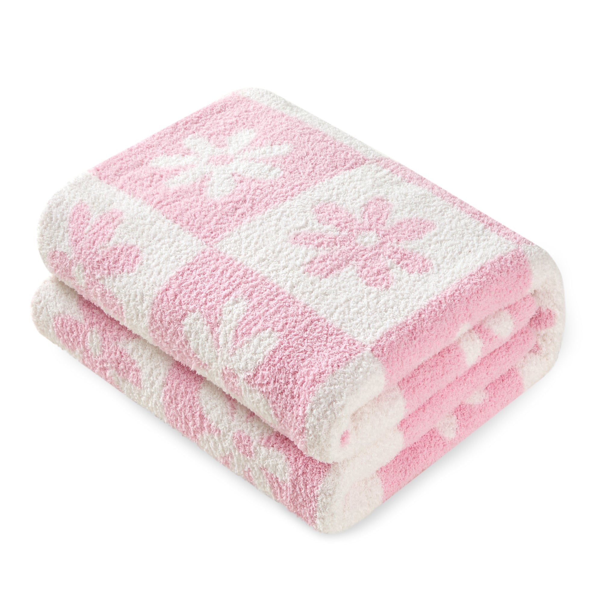 Folded Checkered Flower Feather Yarn Knit Throw Blanket #color_Baby Pink