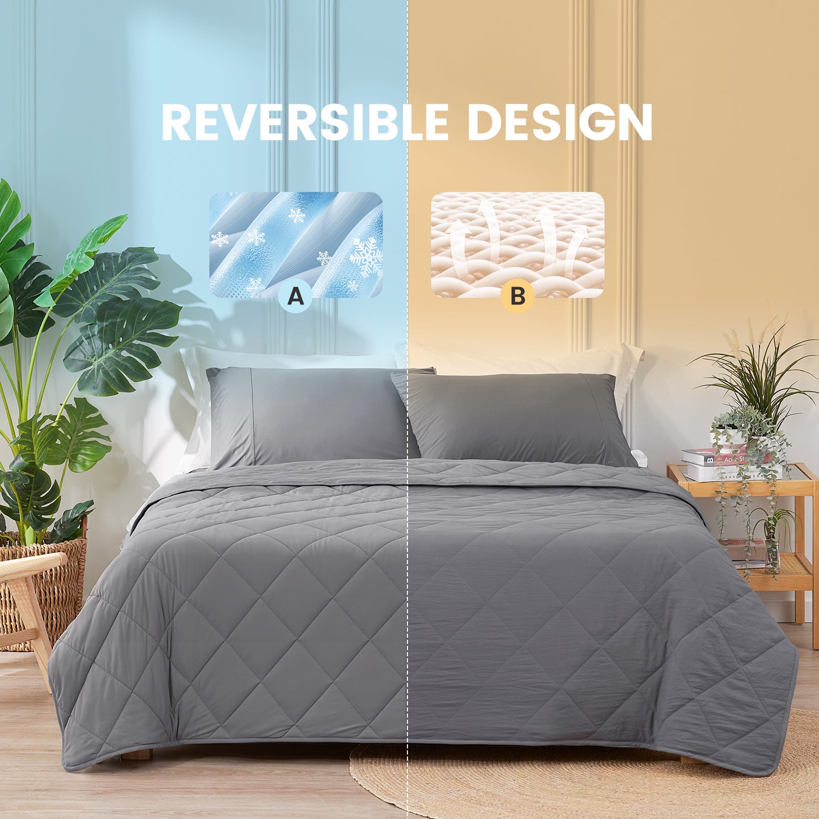 Dark Grey cooling comforter with reversible design.#color_Dark Grey