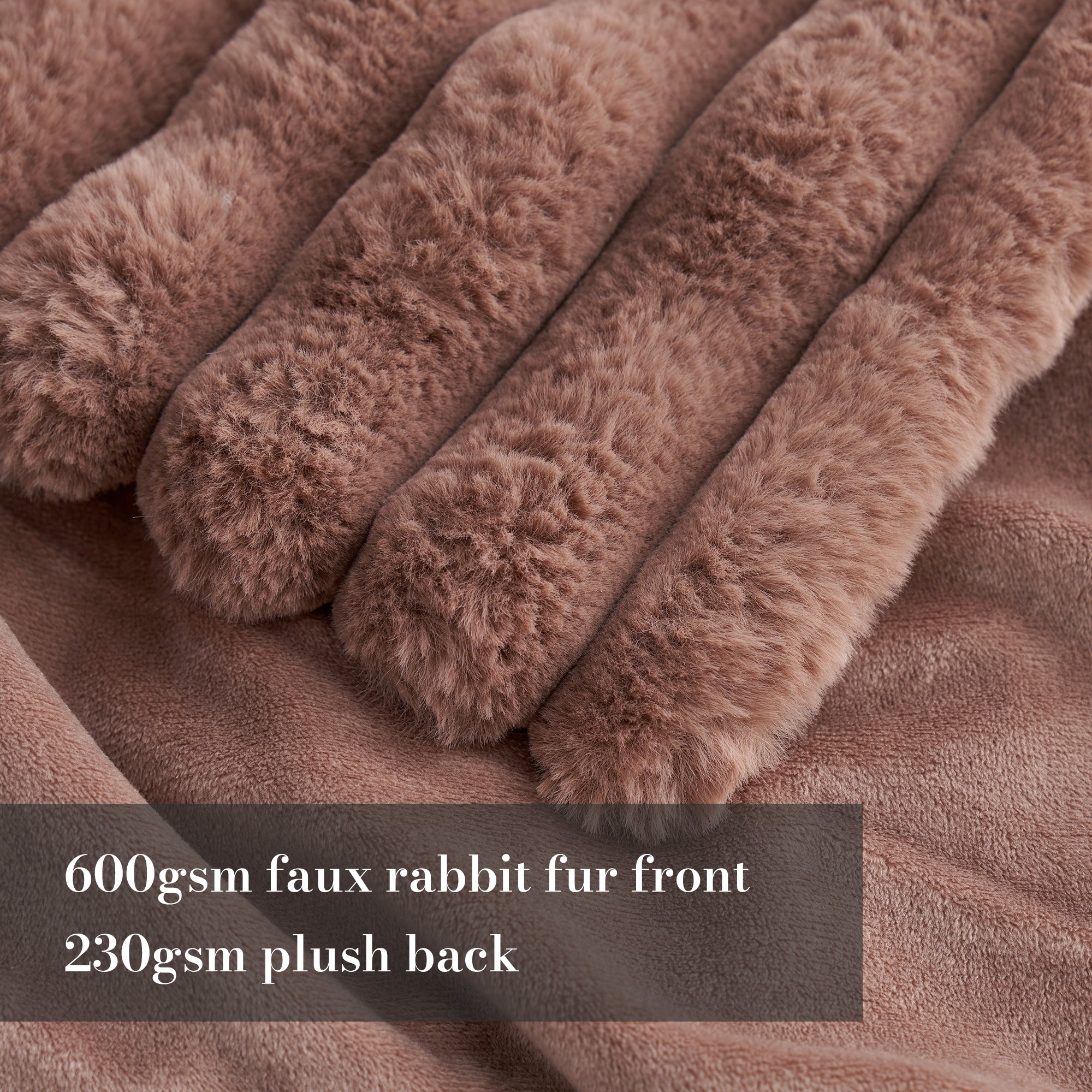 Close up of striped faux fur throw blanket in Light coffee, showcasing 600gsm faux rabbit fur front and 230gsm plush backing #color_Light Coffee