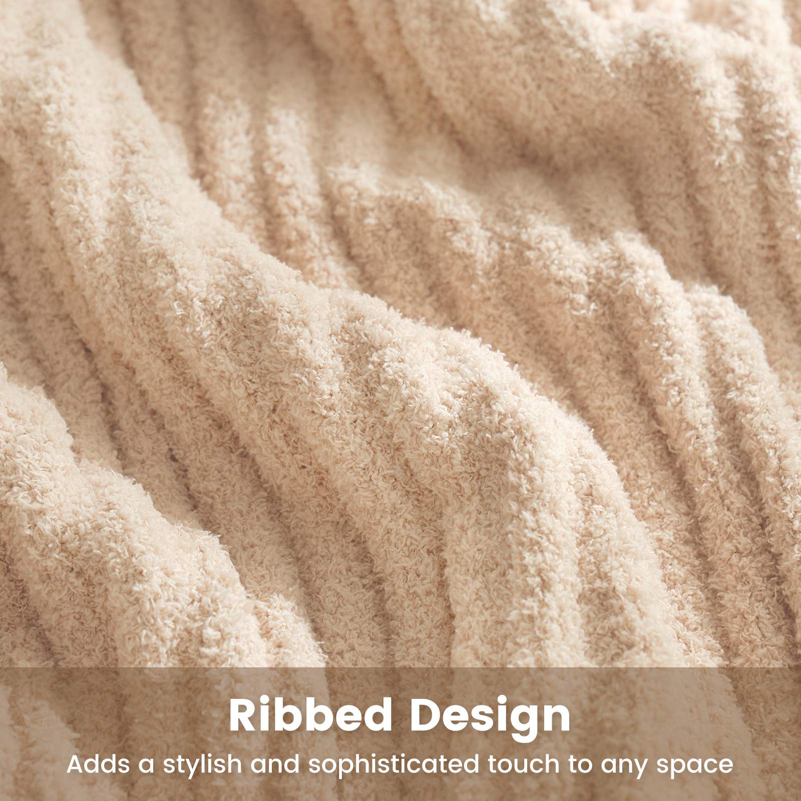 Close up of Snuggle Sac UltraSoft Ribbed Feather Yarn Knit Throw Blanket with ribbed design#Color_Beige