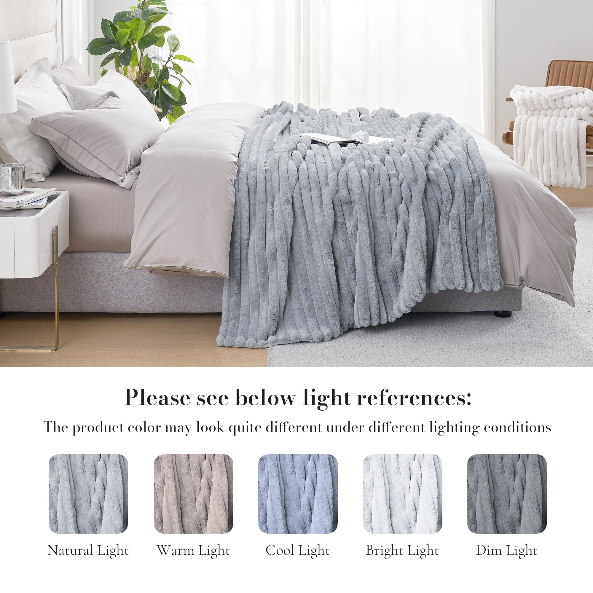 Striped faux fur throw blanket in Light Grey displayed on bed with lighting reference, showing color variations under different lighting conditions #color_Light Grey