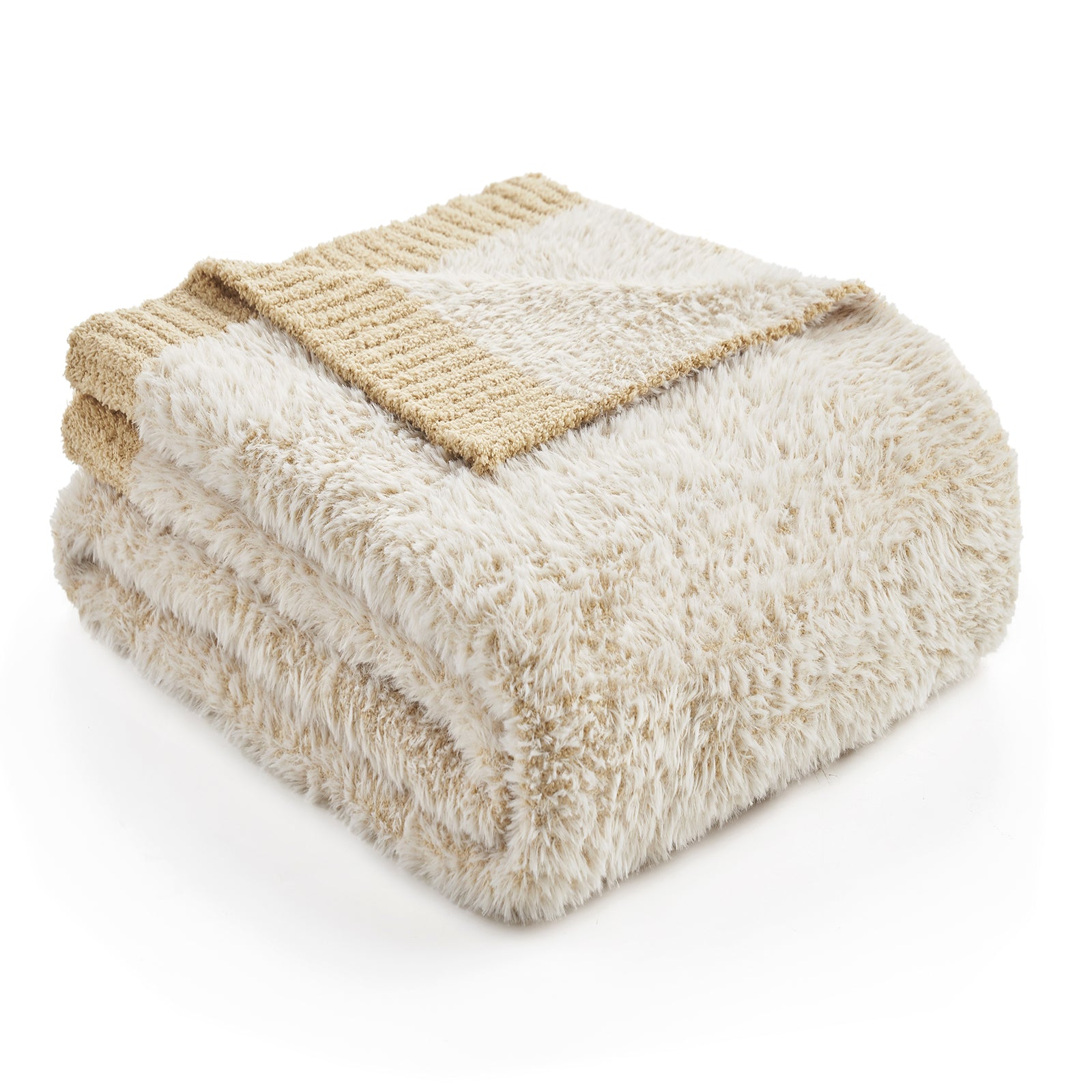 Snuggle Sac ultrasoft faux fur knit throw blanket in Beige folded front view #color_Beige