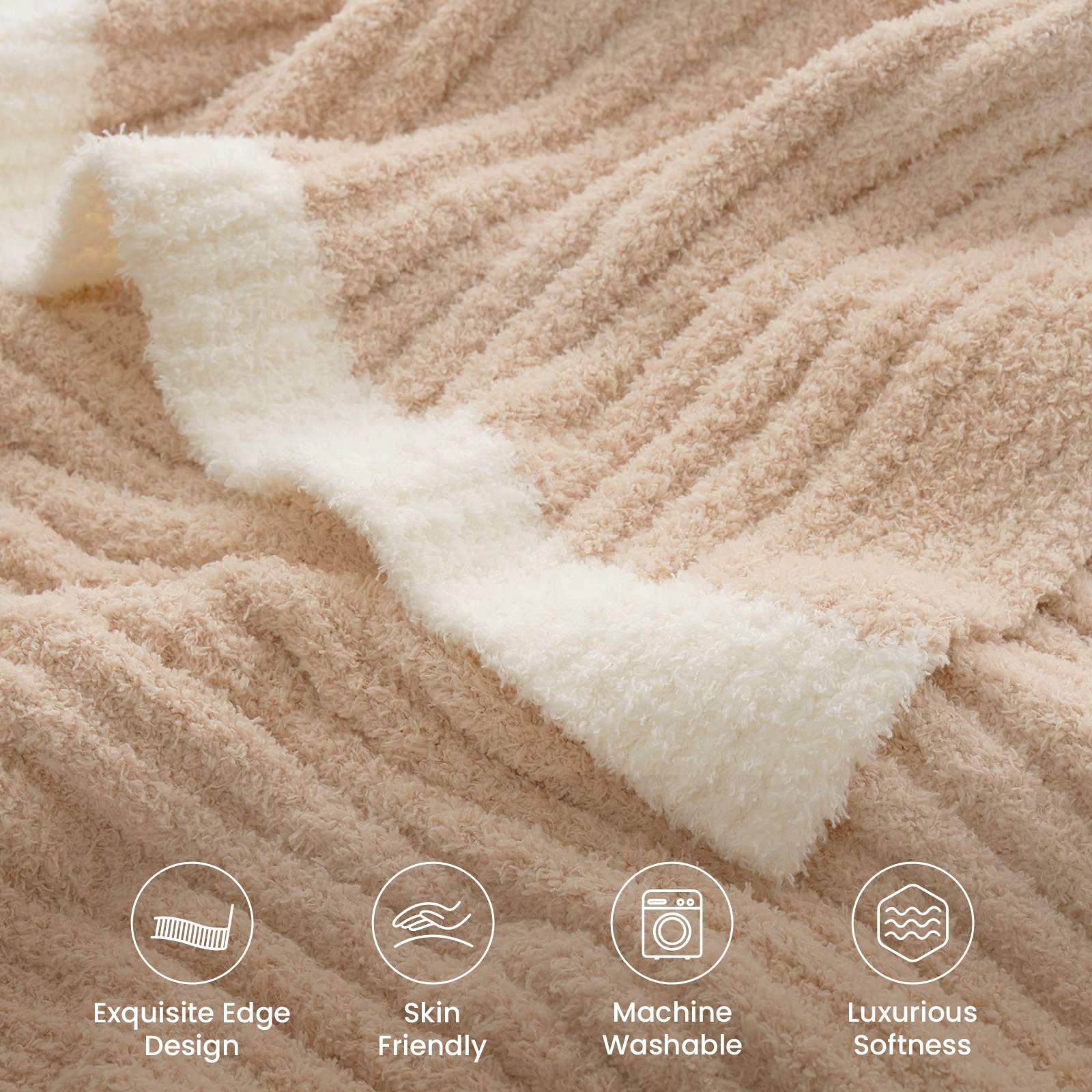 Close up of Snuggle Sac UltraSoft Ribbed Feather Yarn Knit Throw Blanket with 4 qualities#Color_Beige