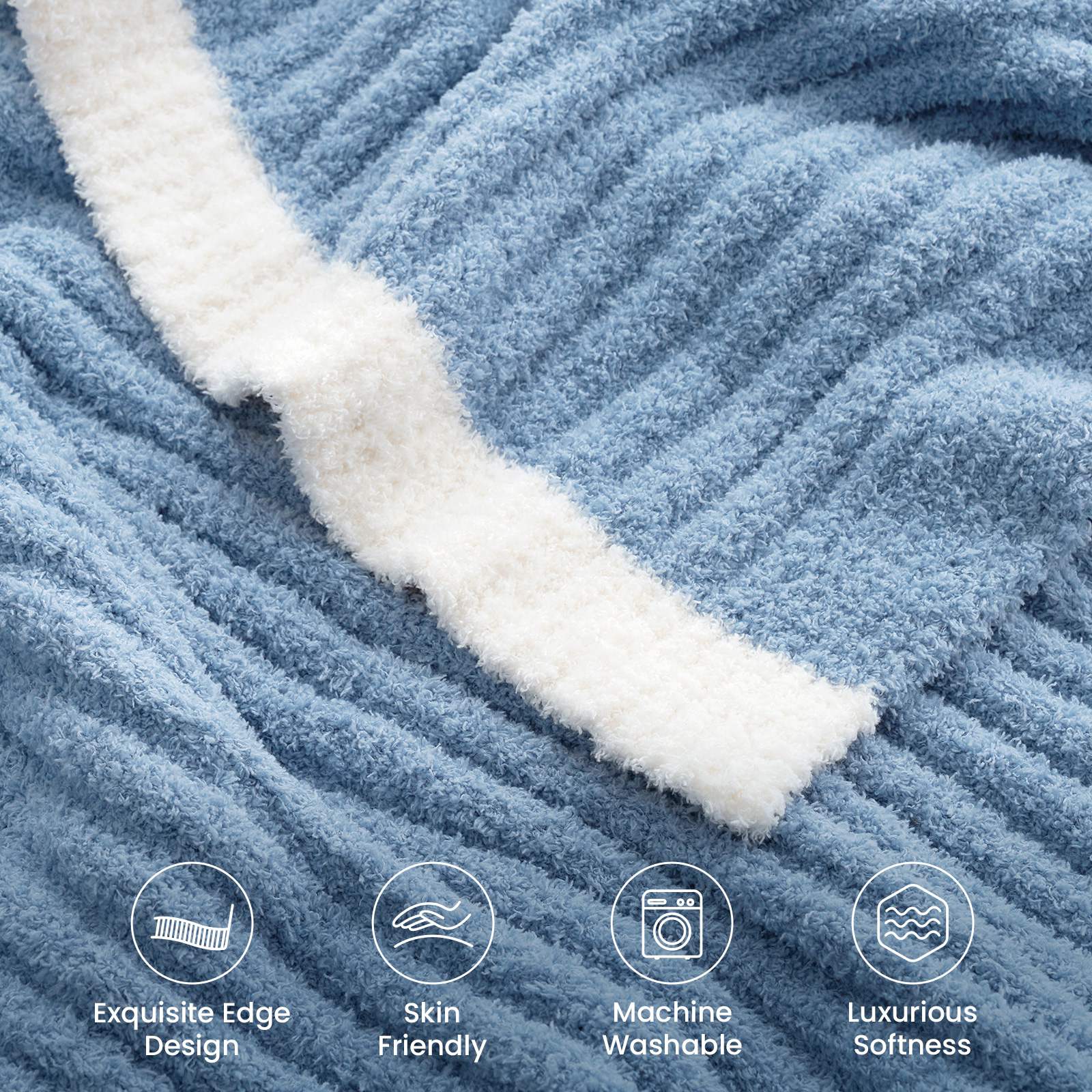 Close up of Snuggle Sac UltraSoft Ribbed Feather Yarn Knit Throw Blanket with 4 qualities#Color_Blue