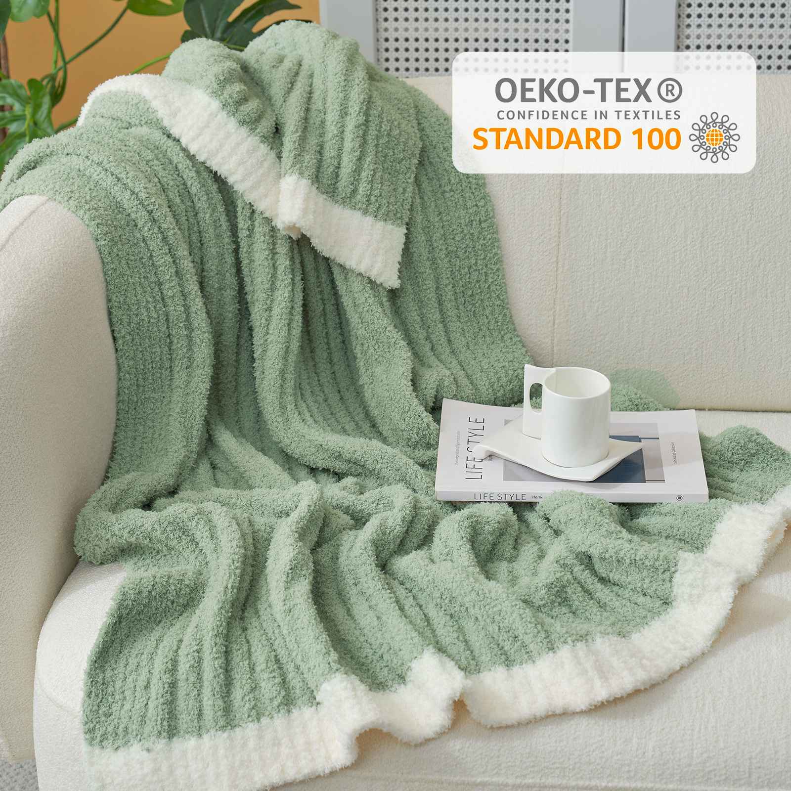 Snuggle Sac UltraSoft Ribbed Feather Yarn Knit Throw Blanket with OEKO-TEX Certificate#Color_Sage Green
