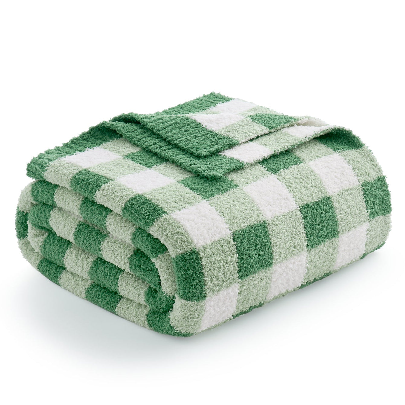 Folded Green and white checkered blanket on the white background #color_Green