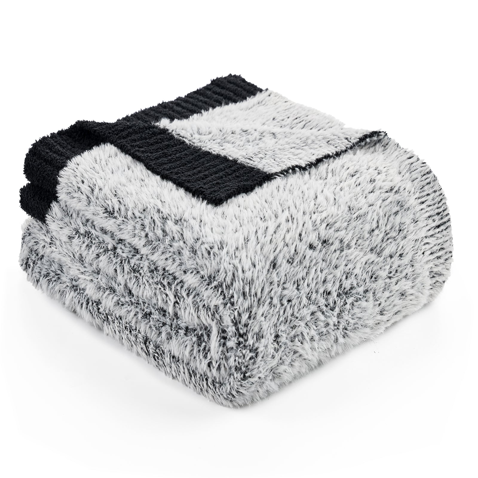 Snuggle Sac ultrasoft faux fur knit throw blanket in Black folded front view #color_Black