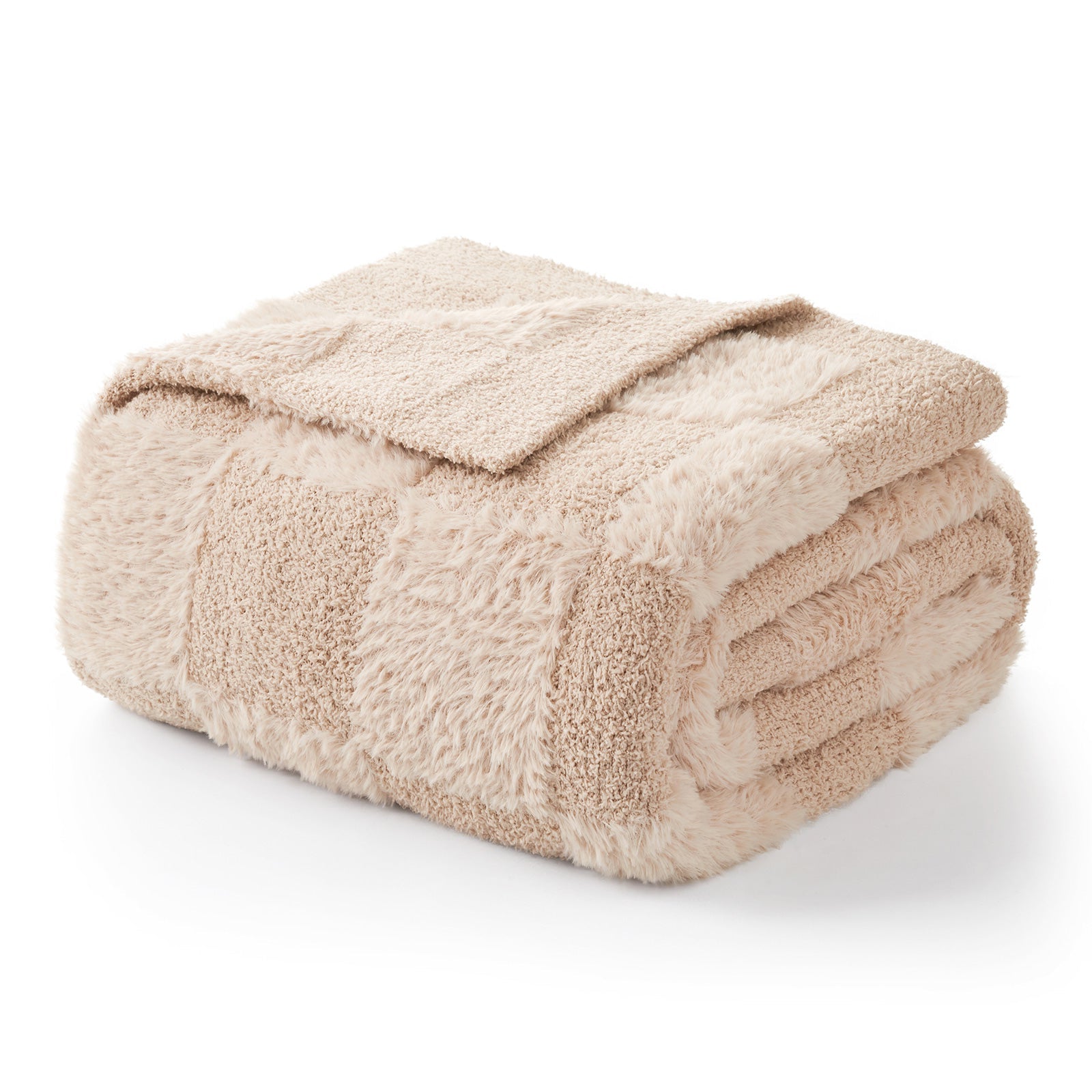 Folded Checkered Faux Fur Microfiber Blanket - #Color_Solid Beige