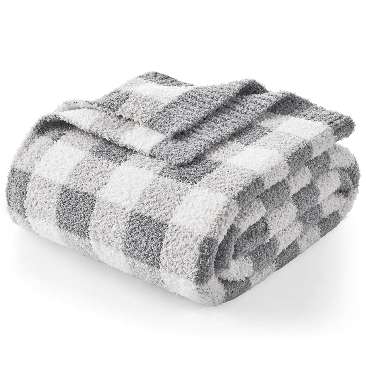 Folded checkered blanket with gray and white pattern on a white background #color_Plaid Grey