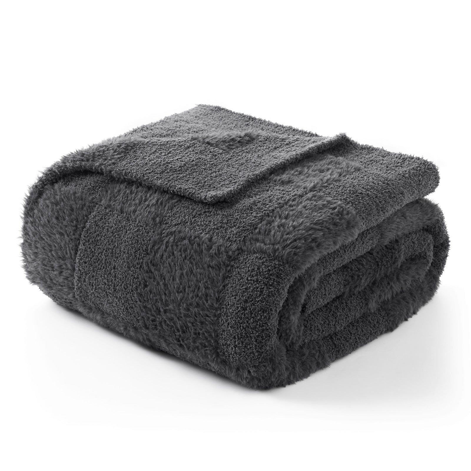 Folded Checkered Faux Fur Microfiber Blanket - #Color_Solid Dark Grey