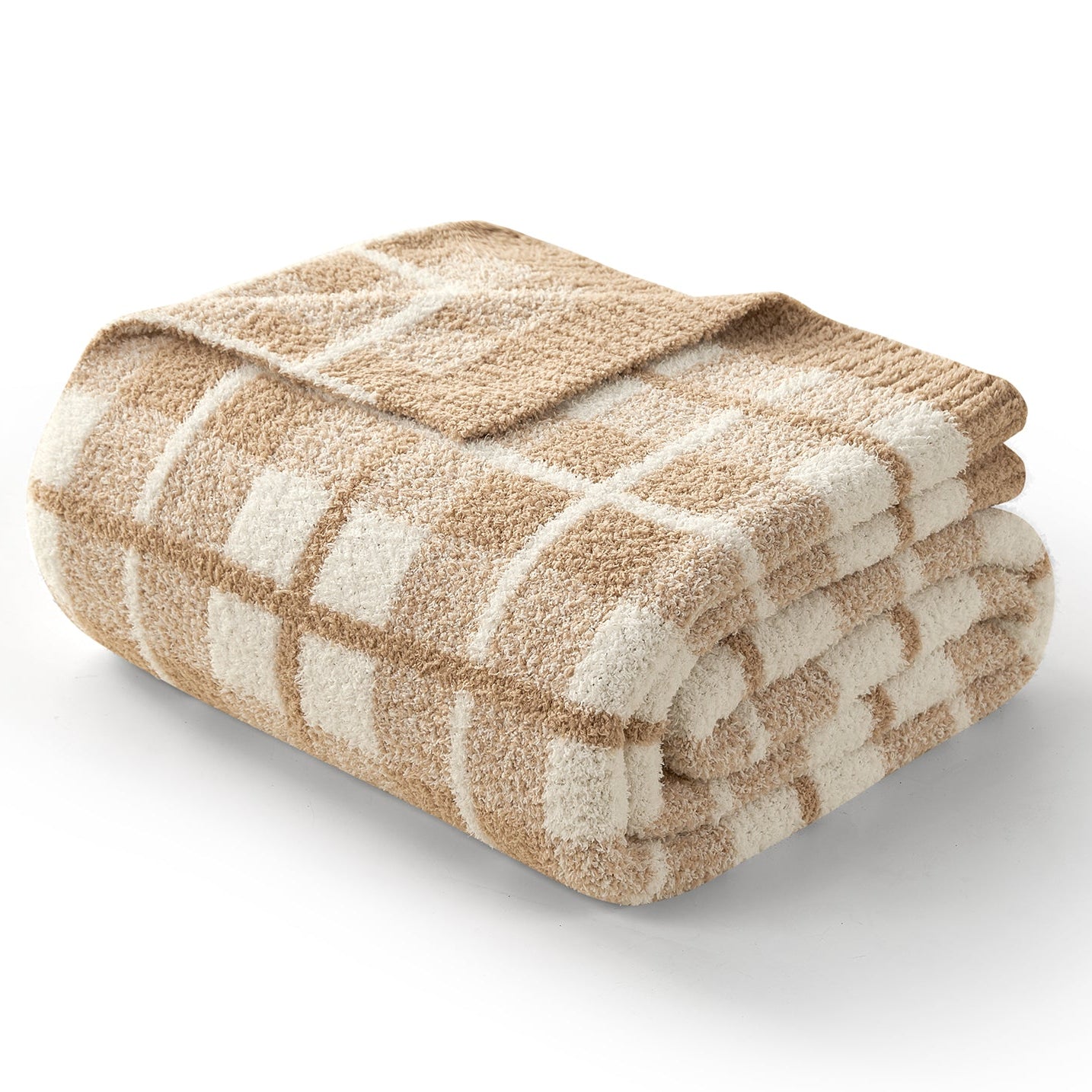 Folded Reversible Buffalo Plaid Feather Yarn Knit Throw Blanket#Color_Plaid Beige