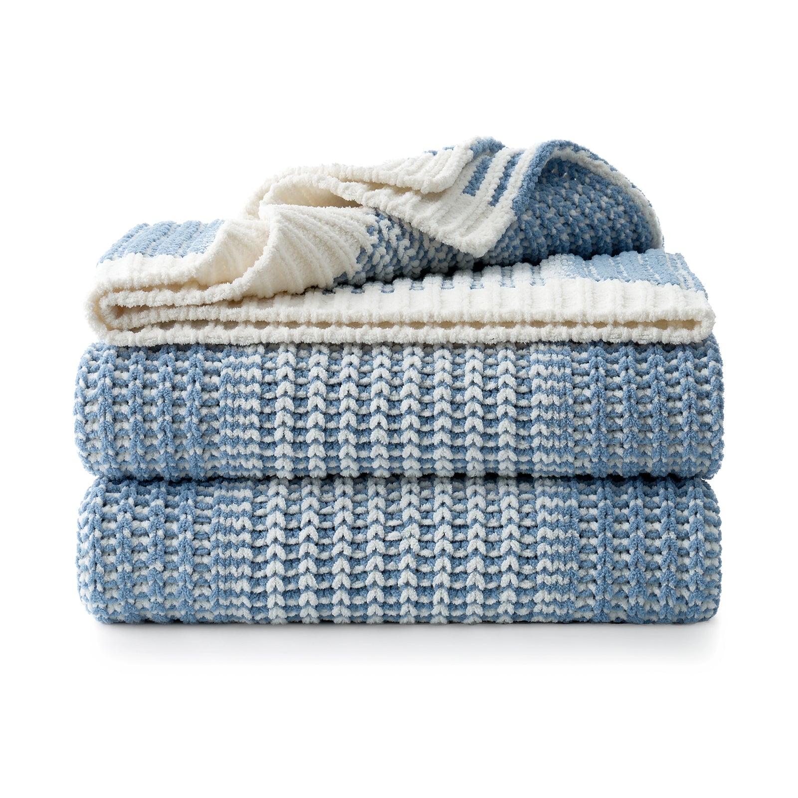 Stack of Snuggle Sac blue and white textured blankets on a white background #color_Two-tone Blue