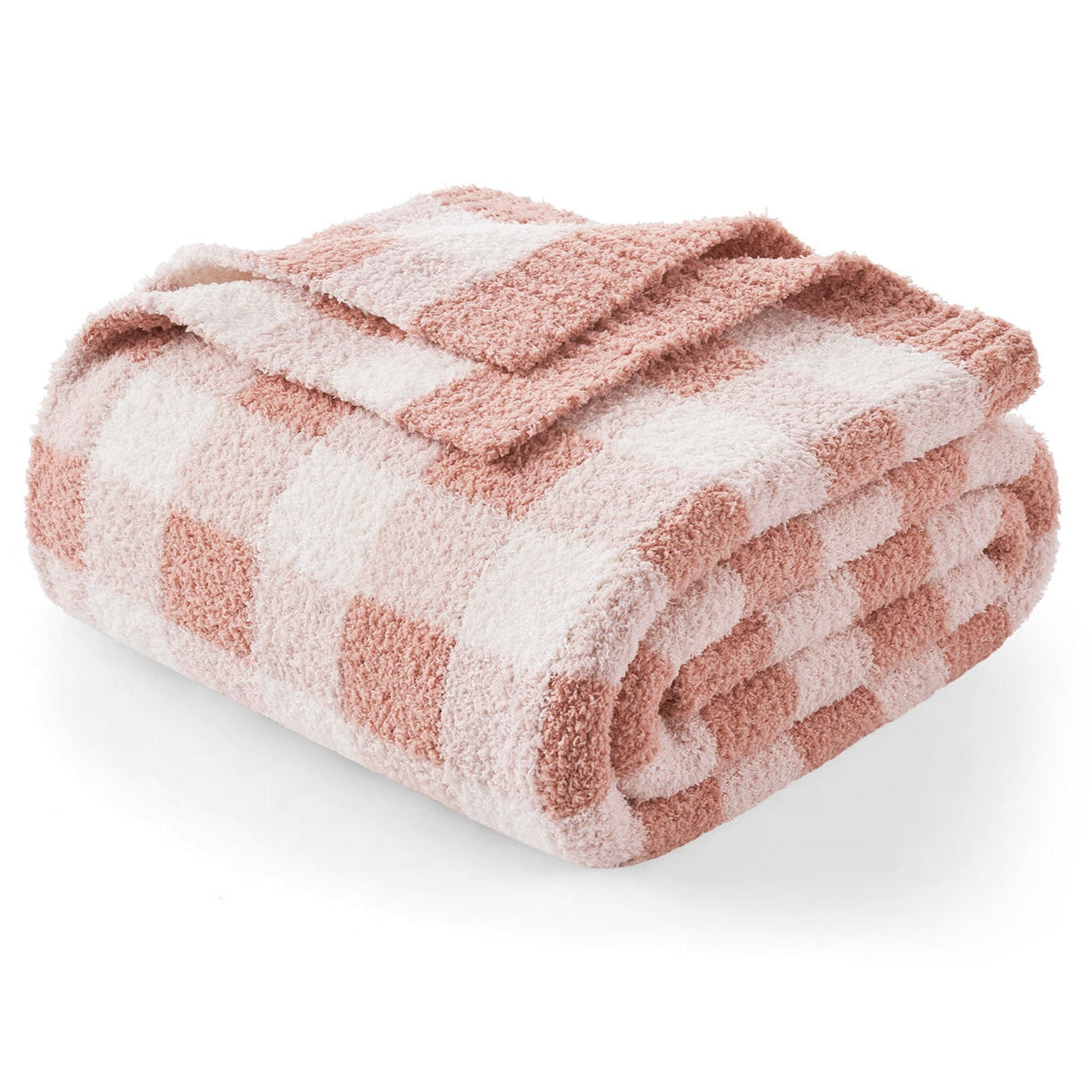 Folded checkered blanket with Pink and white pattern on a white background #color_Plaid Pink