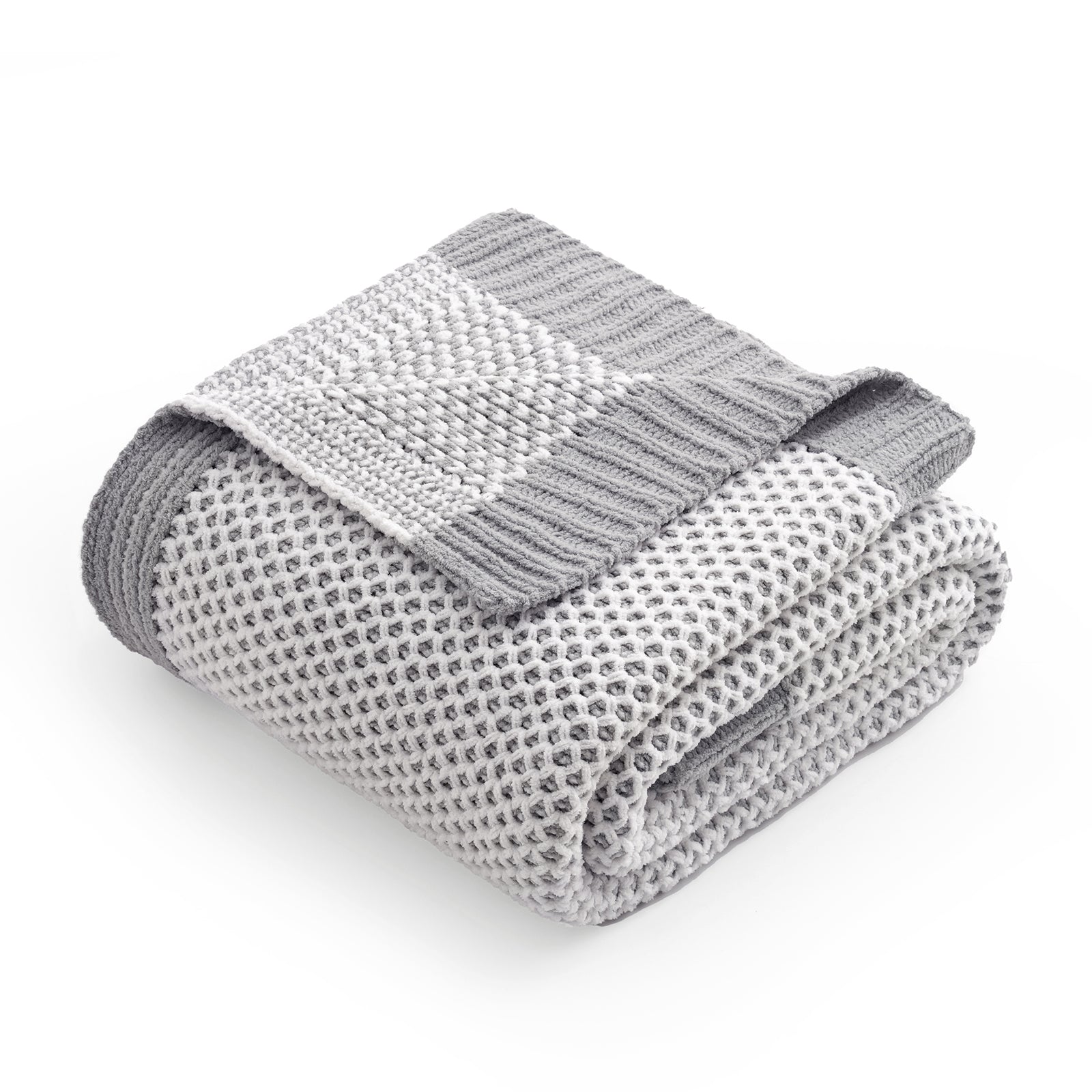 Snuggle Sac two tone honeycomb chenille knit throw blanket in Grey folded front view #Color_Grey