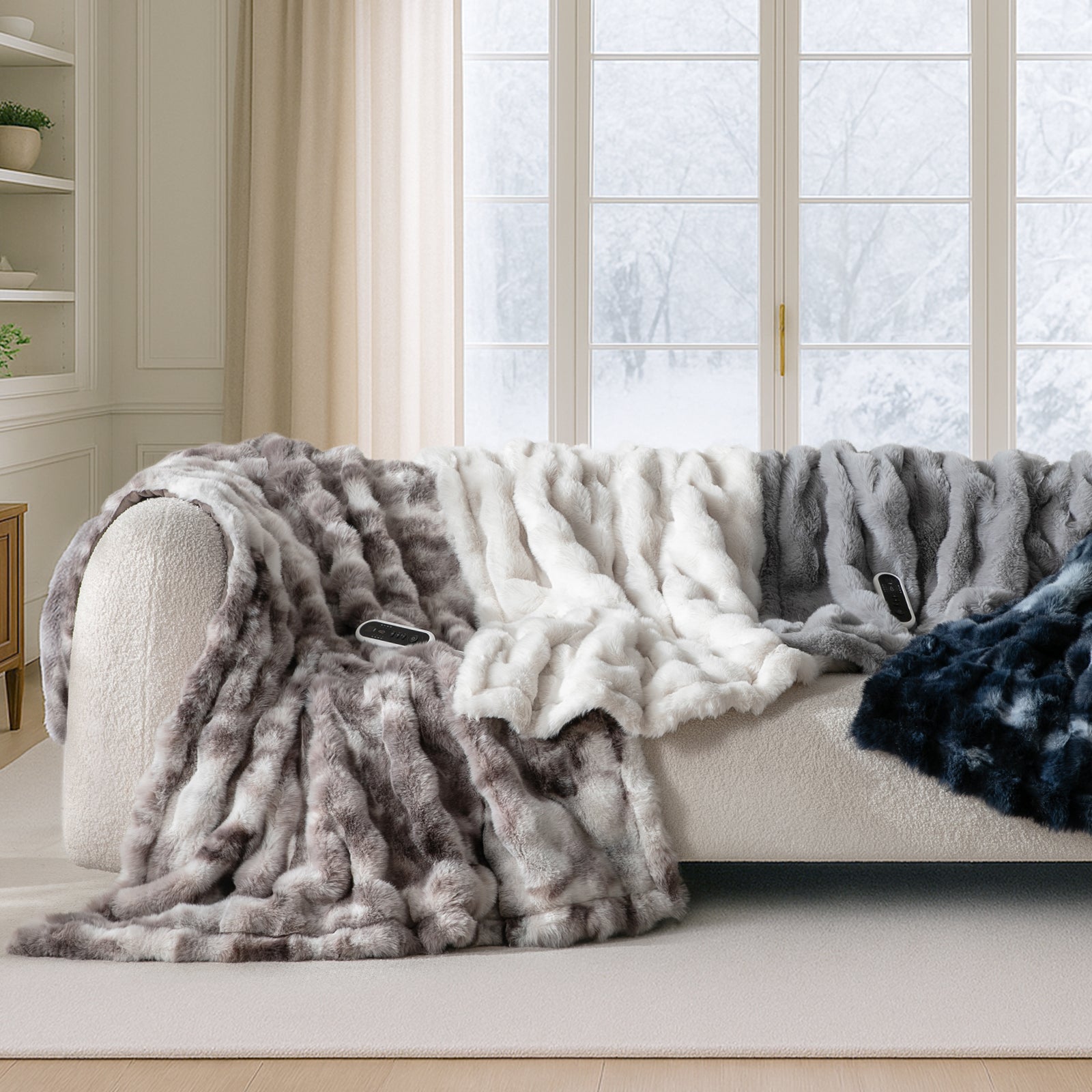 Bubble faux fur electric blankets displayed together in multiple colors, showcasing variety and soft texture