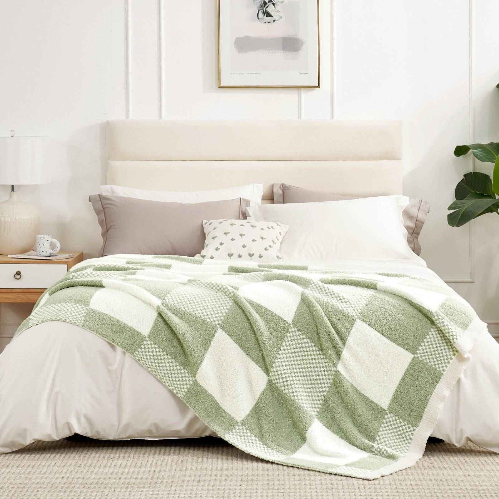 Snuggle Sac Checkered Feather Yarn Knit Throw Blanket on the bed with furnitures in the room#Color_Sage Green