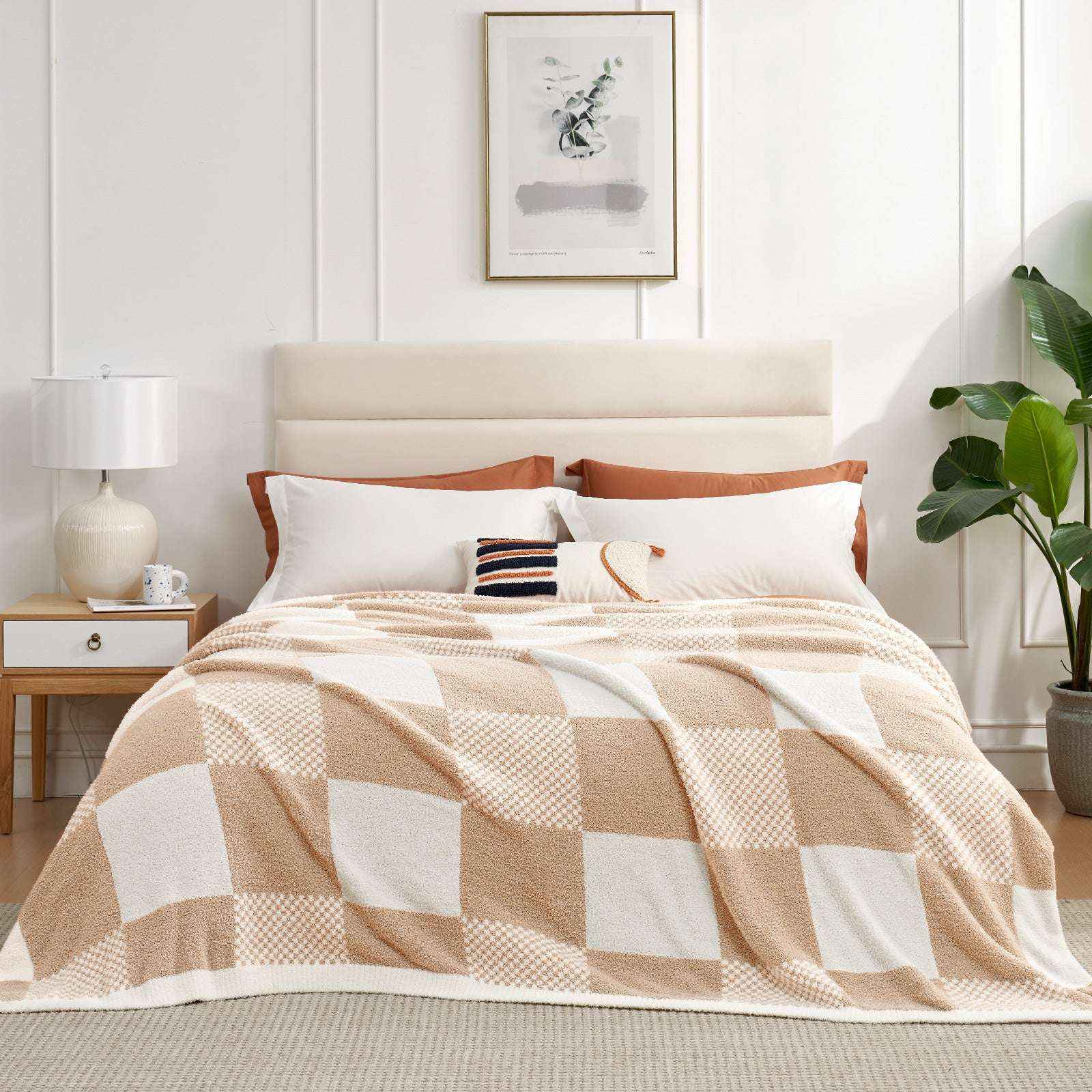 Snuggle Sac Checkered Feather Yarn Knit Throw Blanket on the bed with furnitures in the room#Color_Beige