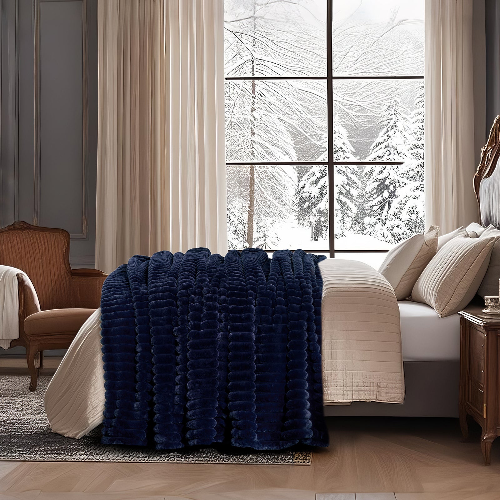 Striped faux fur throw blanket in Navy Blue layered on a bed, creating a warm and inviting bedroom look #color_Navy Blue