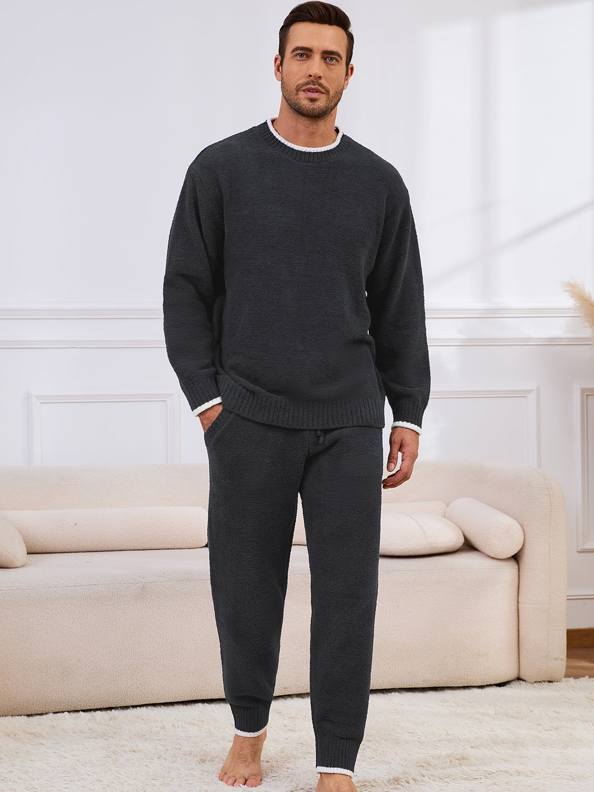 Men long sleeve crewneck knit loungewear set in Dark Grey, full body front view showcasing soft texture and casual homewear style #color_Dark Grey