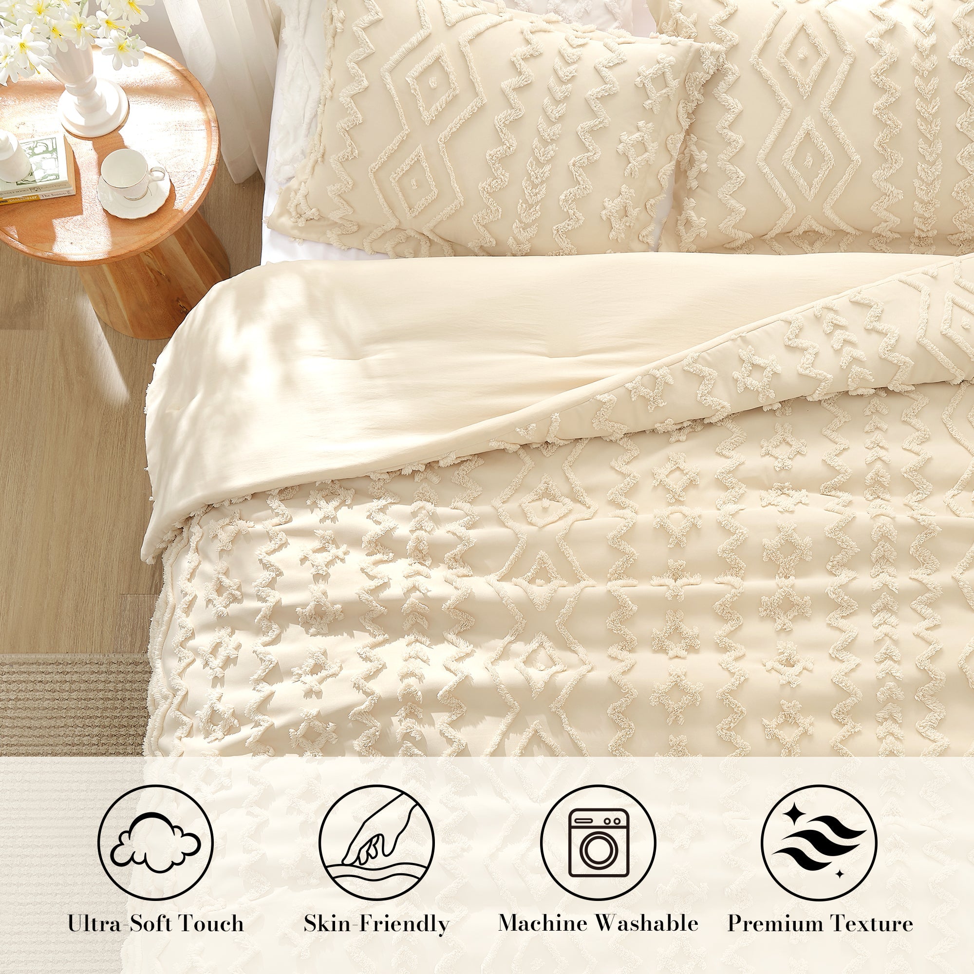 Snuggle Sac All-Season Boho Deluxe Embroidery Comforter Set on bed in a bedroom showing Ultra-Soft touch, skin-friendly, Machine washable and premium texture#color_Beige