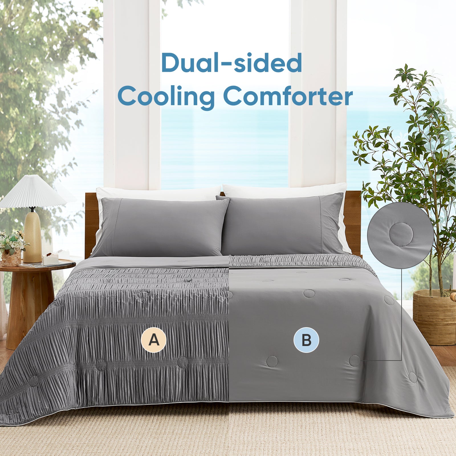 Snuggle Sac Cooling comforter with double design in dark grey on bed in a bedroom with plants#color_Dark Grey