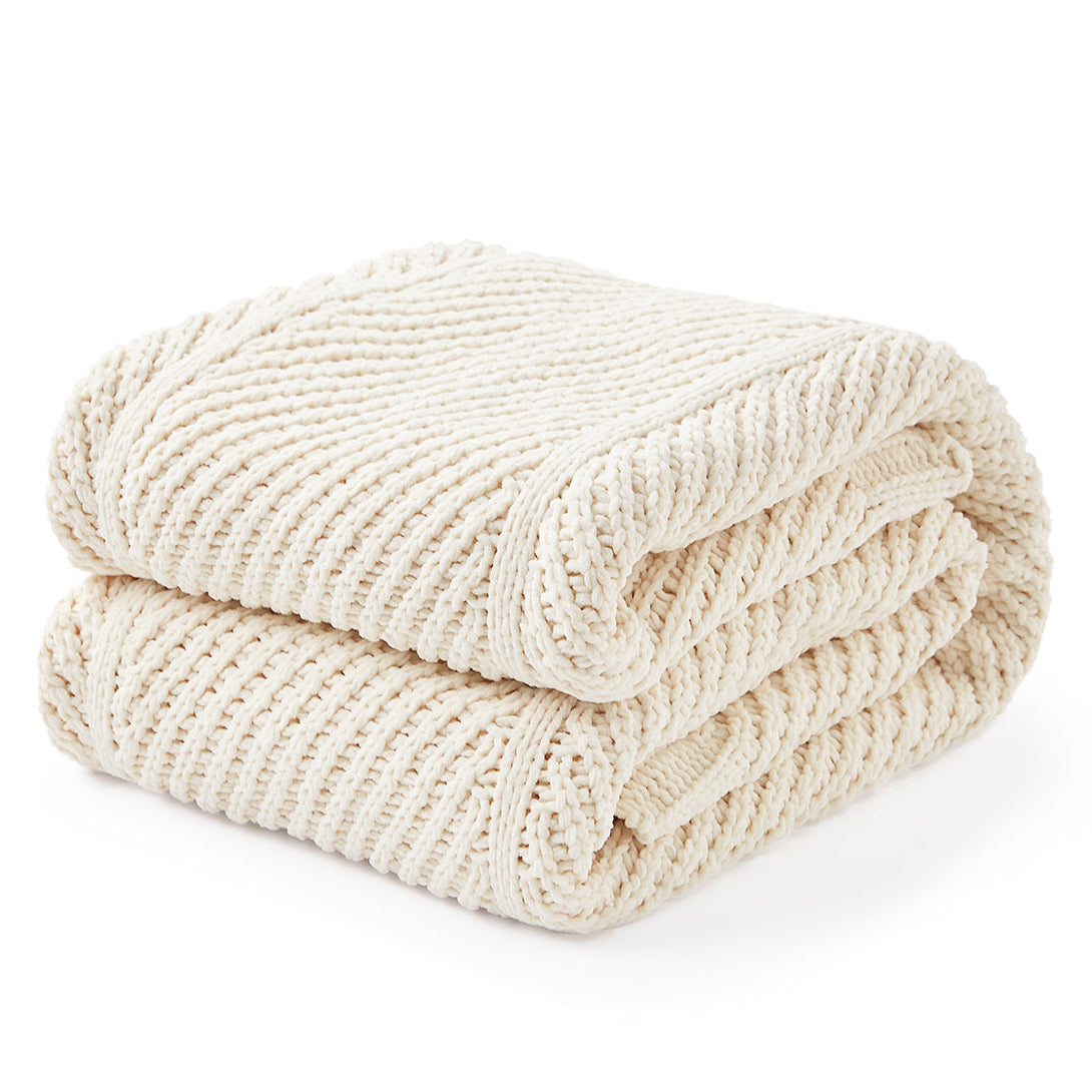 Snuggle Sac chevron chenille knit throw blanket in Ivory folded front view #color_Ivory