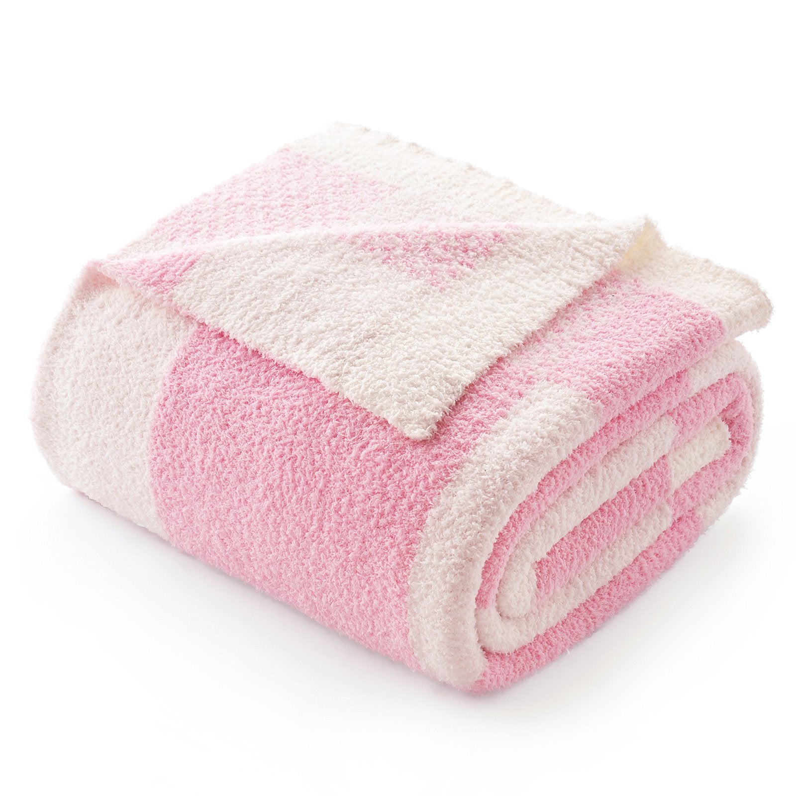 Folded Snuggle Sac Checkered Feather Yarn Knit Throw Blanket#color_Pink