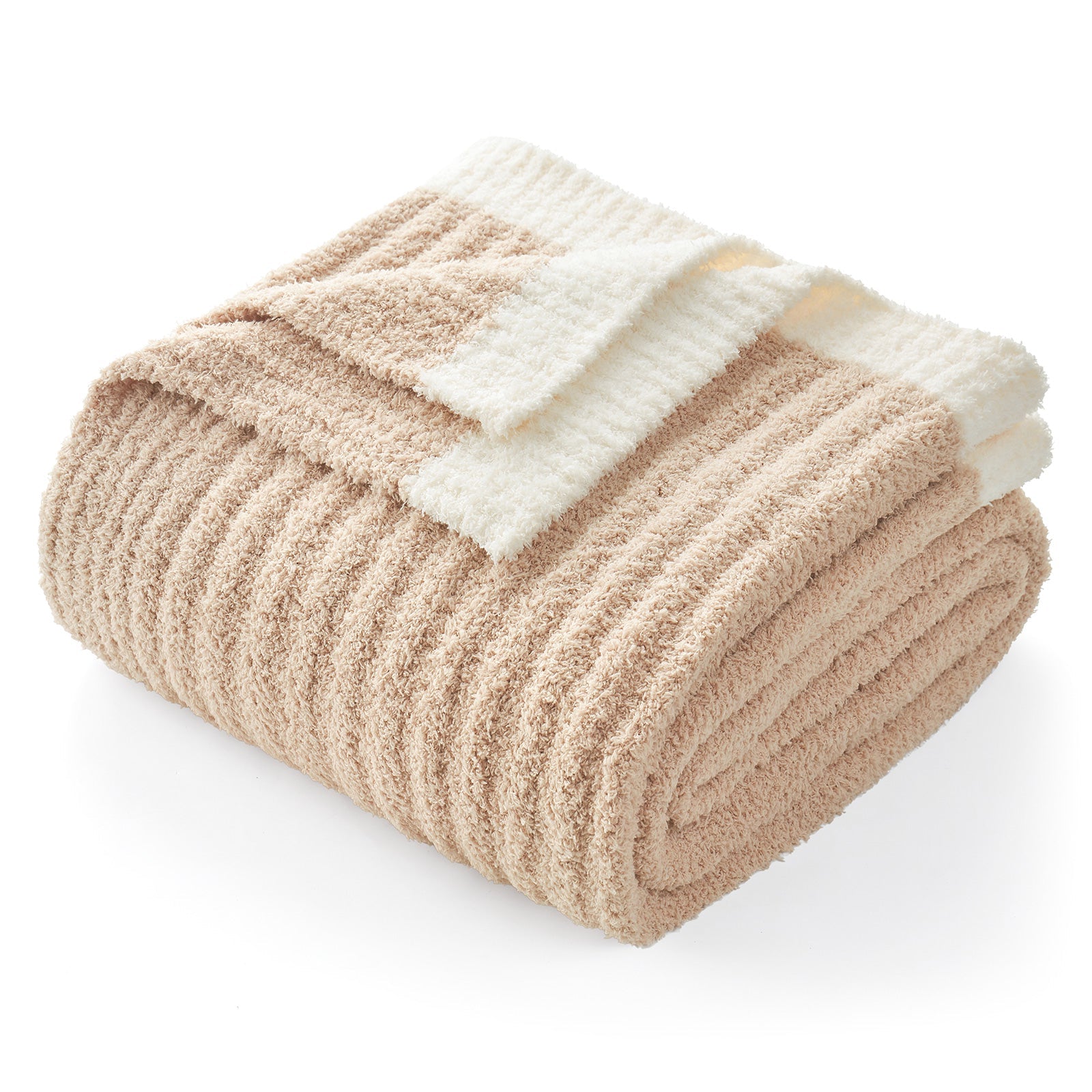 Folded Snuggle Sac UltraSoft Ribbed Feather Yarn Knit Throw Blanket#Color_Beige