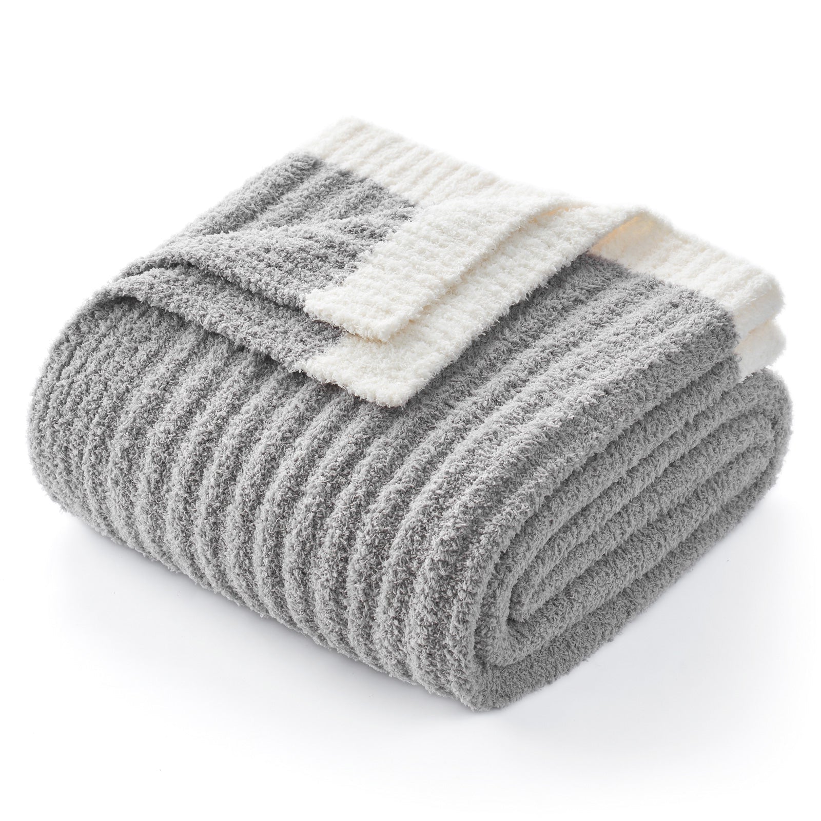 Folded Snuggle Sac UltraSoft Ribbed Feather Yarn Knit Throw Blanket#Color_Grey