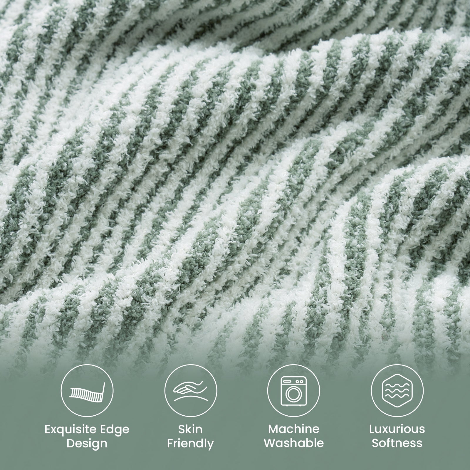Close up of UltraSoft Ribbed Feather Yarn Knit Throw Blanket with 4 qualitities#color_Green/Cream