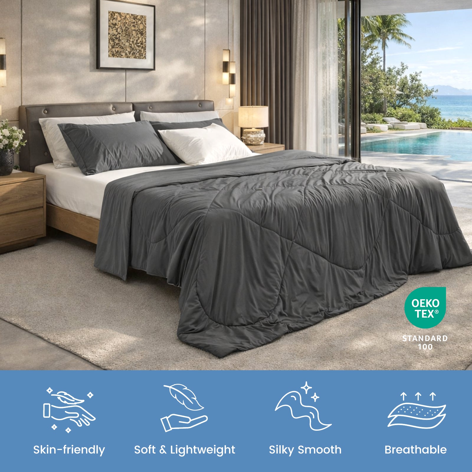 Charcoal grey Snuggle Sac Cloud-like extra cooling comforter on bed in luxury bedroom with ocean view, soft breathable lightweight bedding, OEKO-TEX certified.#Color_Charcoal Grey