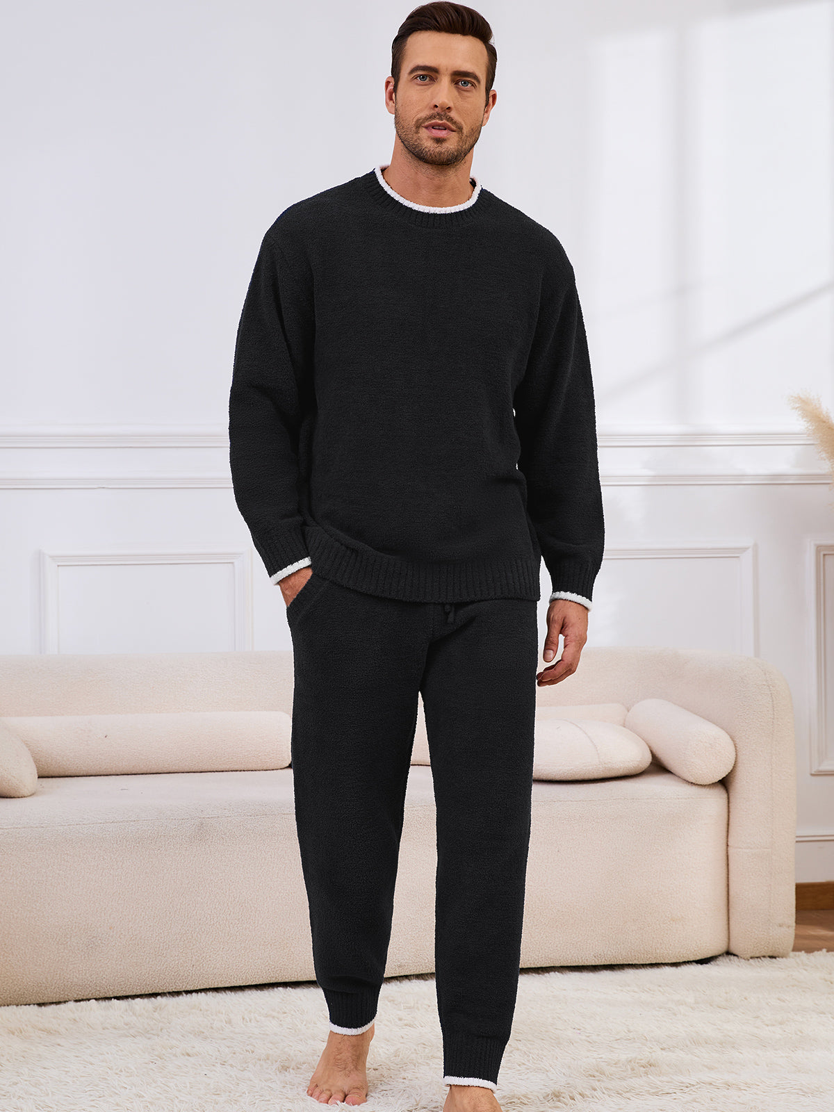 Snuggle Sac men long sleeve crewneck knit loungewear set in Black, full body front view with a relaxed and cozy indoor style #color_Black