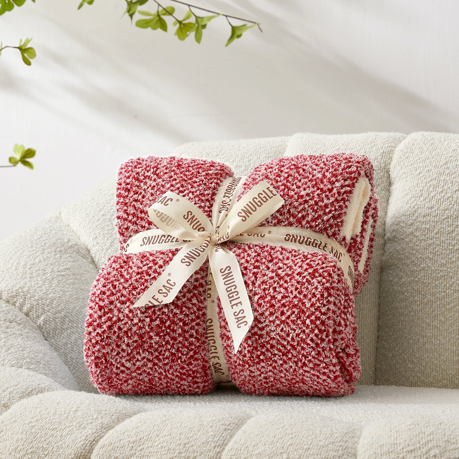 Snuggle Sac Heather Feather Yarn Knit Throw Blanket wrapped as a perfect gift for people#color_Heather Red