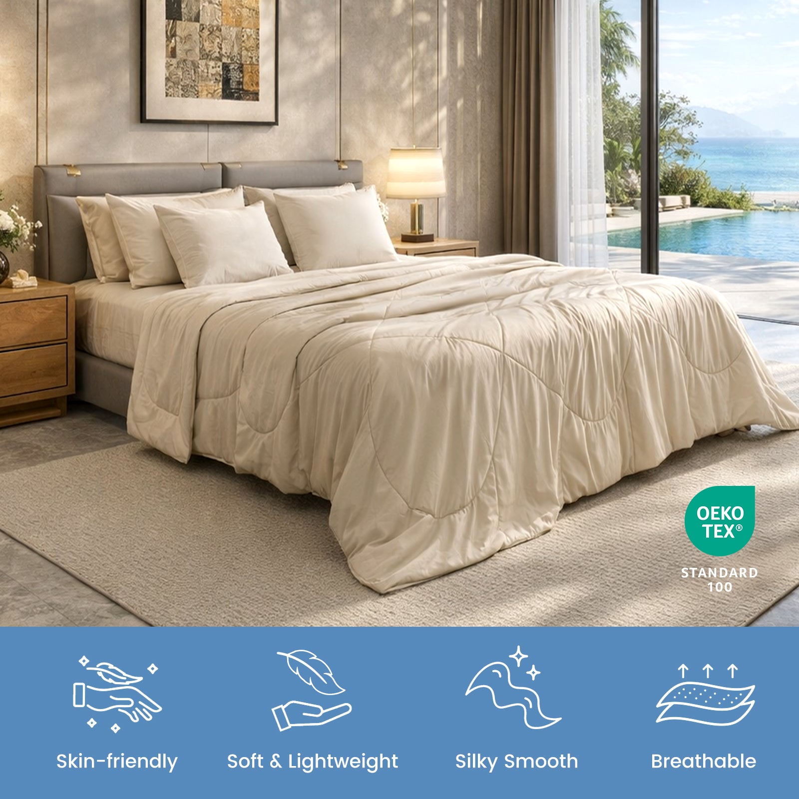 Snuggle Sac Khaki Cloud-like extra cooling comforter on bed in luxury bedroom with ocean view, soft breathable lightweight bedding, OEKO-TEX certified.#Color_Khaki