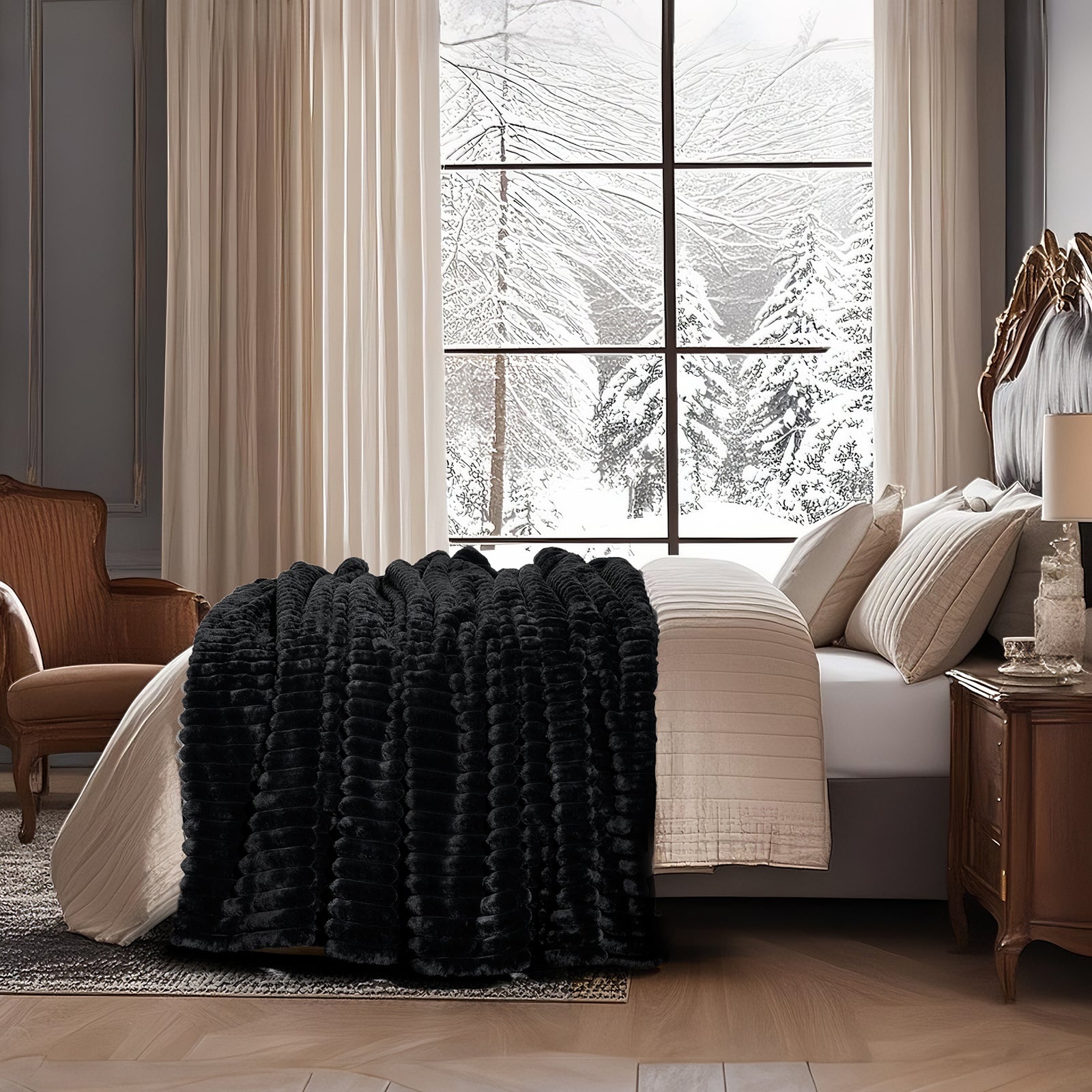 Striped faux fur throw blanket in Black layered on a bed, creating a warm and inviting bedroom look #color_Black