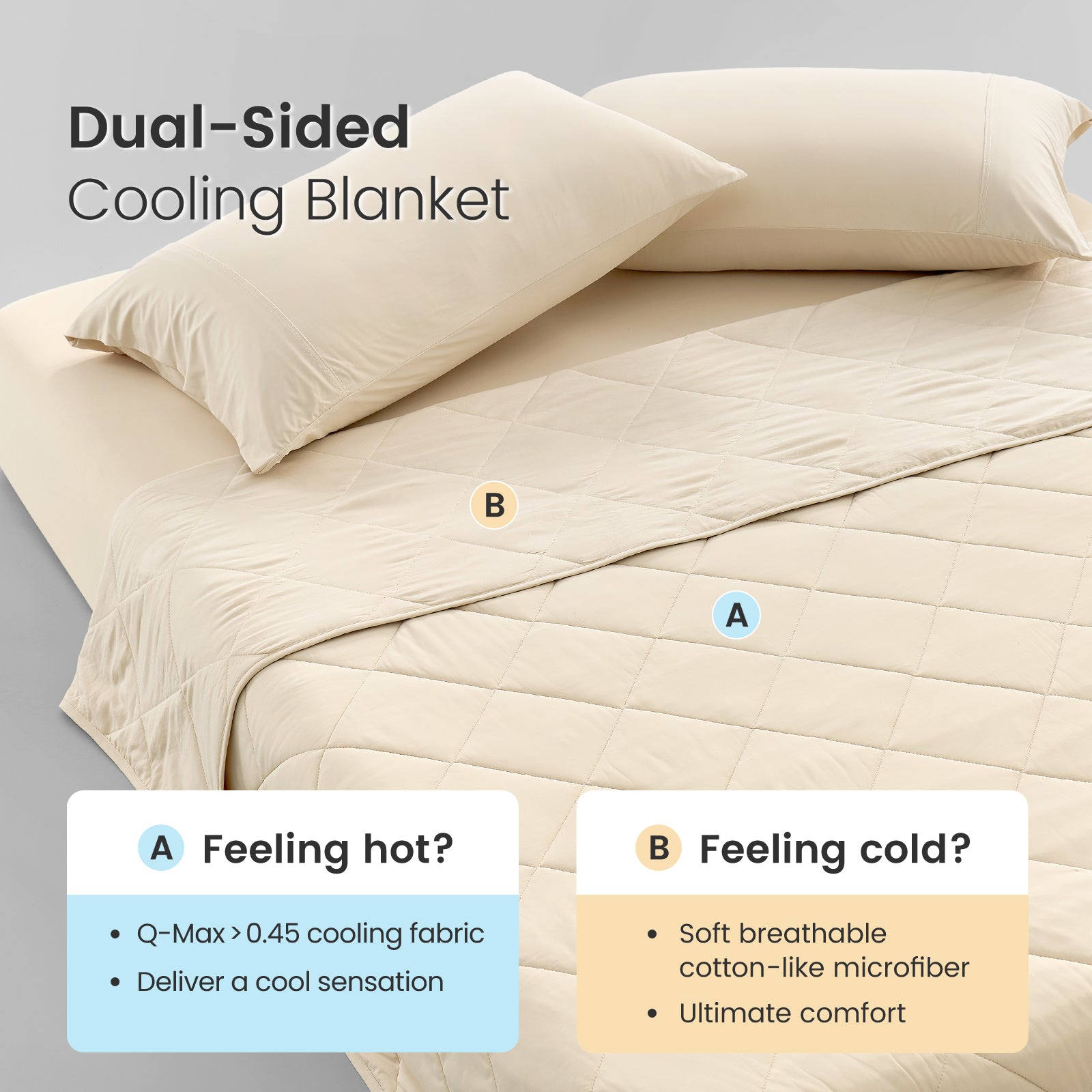 Snuggle Sac Khaki dual-sided cooling blanket with text indicating different fabric types for hot and cold conditions. #color_Khaki