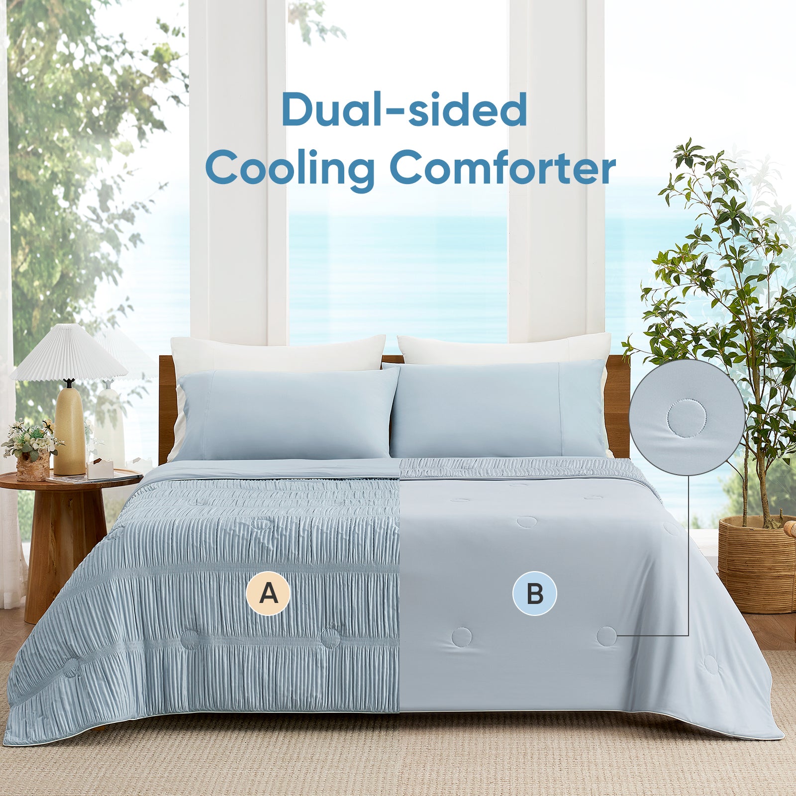 Snuggle Sac Cooling comforter with double design in blue on bed in a bedroom with plants#color_Blue