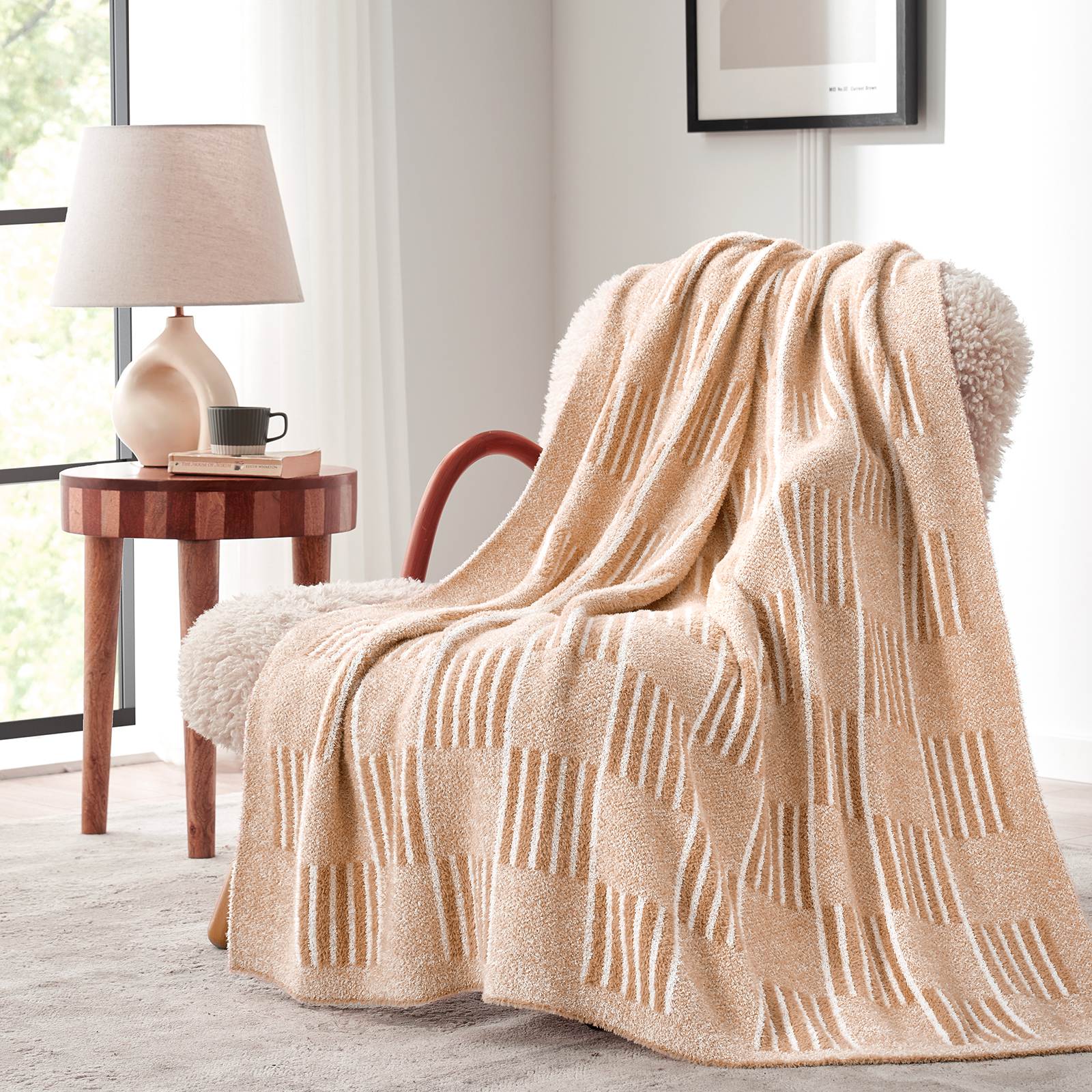 Snuggle Sacs Reversible Heather Checkered Feather Yarn Knit Throw Blanket draped on a beige chair#Color_Heather Beige