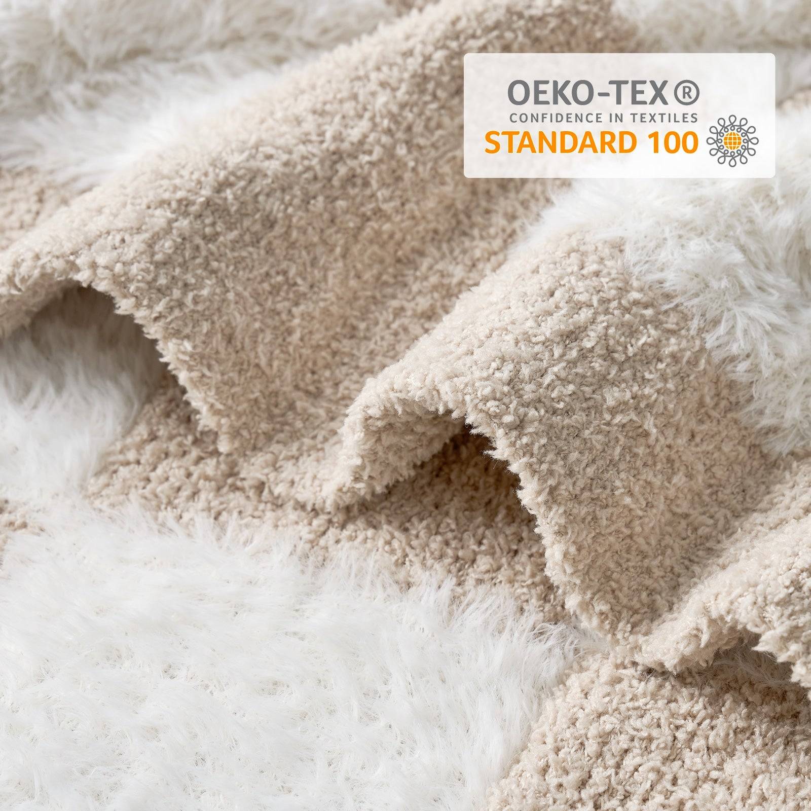 Close up of UltraCozy Checkered Feather Yarn Knit Throw Blanket with OEKO-TEX Certificate#Color_Beige White