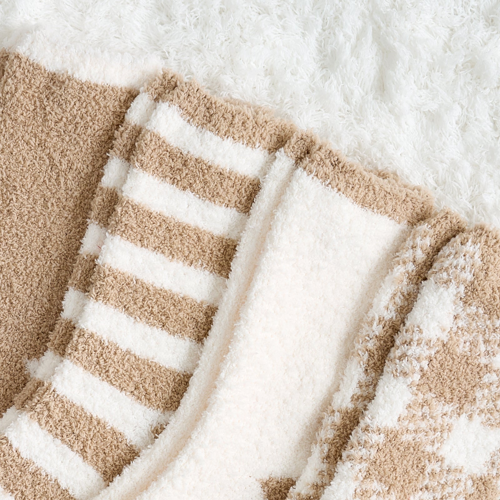 Close up of women checkered and striped socks 4 pairs in Beige, highlighting striped and checkered plush design #color_Beige